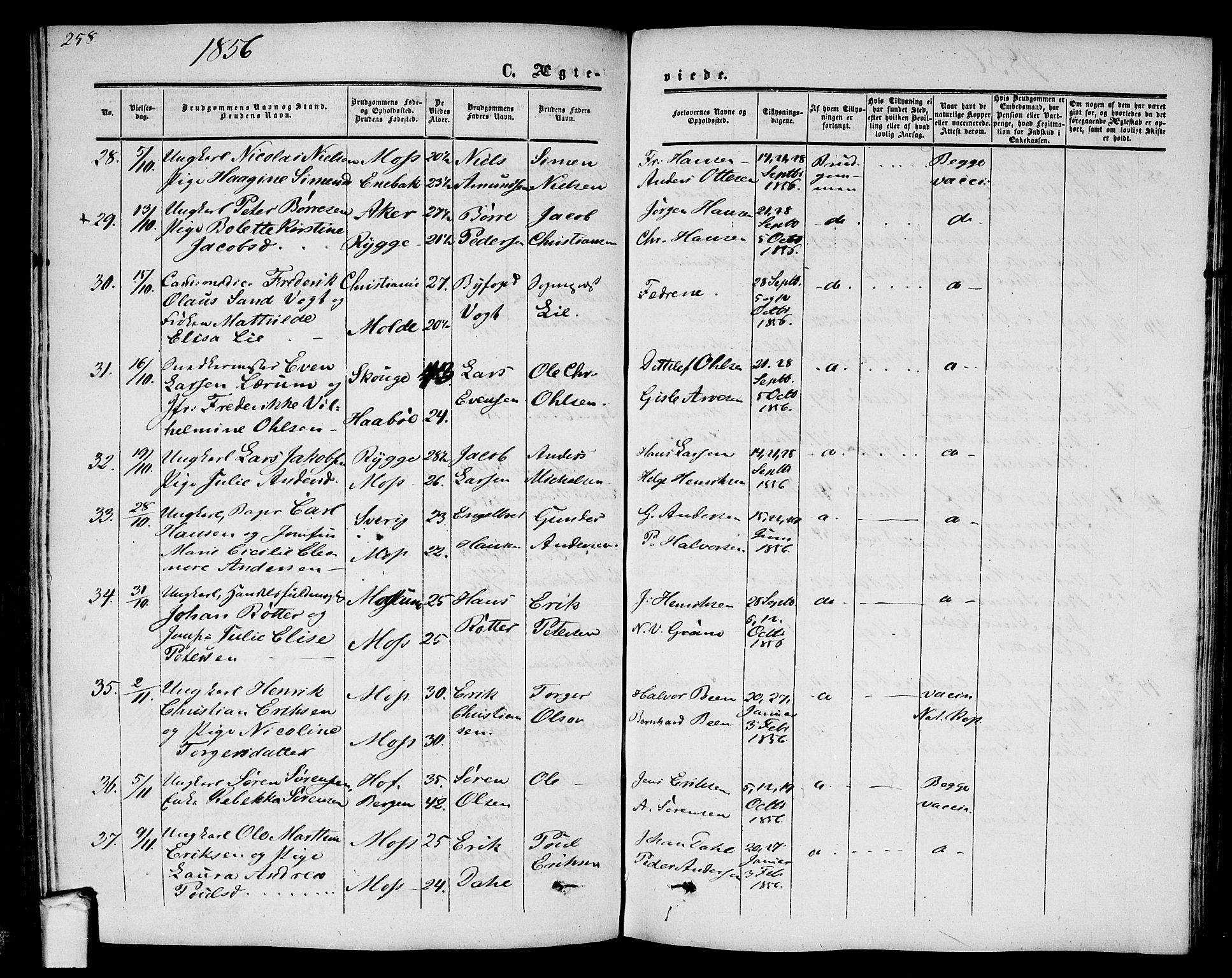 Moss prestekontor Kirkebøker, AV/SAO-A-2003/G/Ga/L0002: Parish register (copy) no. I 2, 1852-1871, p. 258