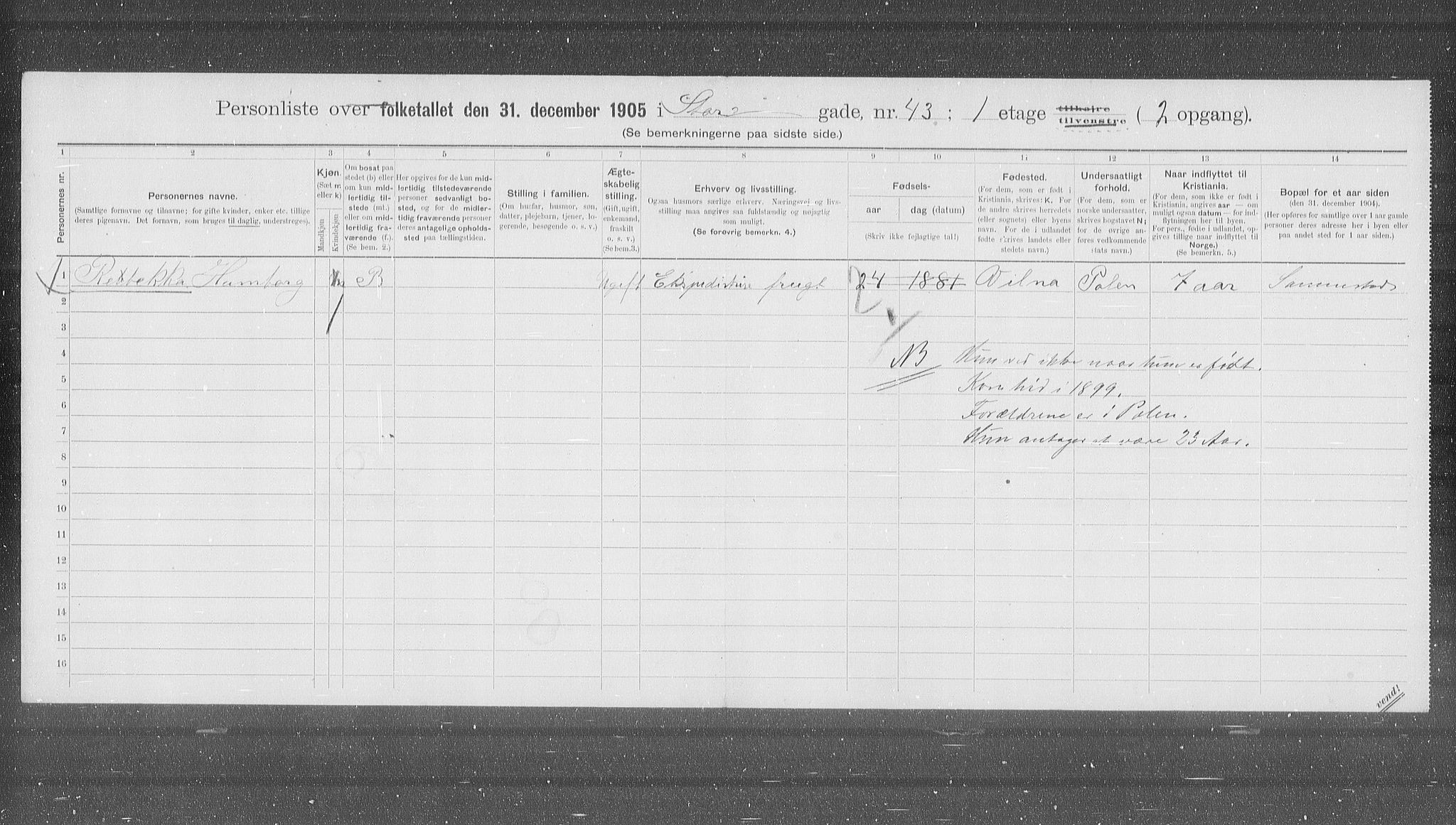 OBA, Municipal Census 1905 for Kristiania, 1905, p. 54181