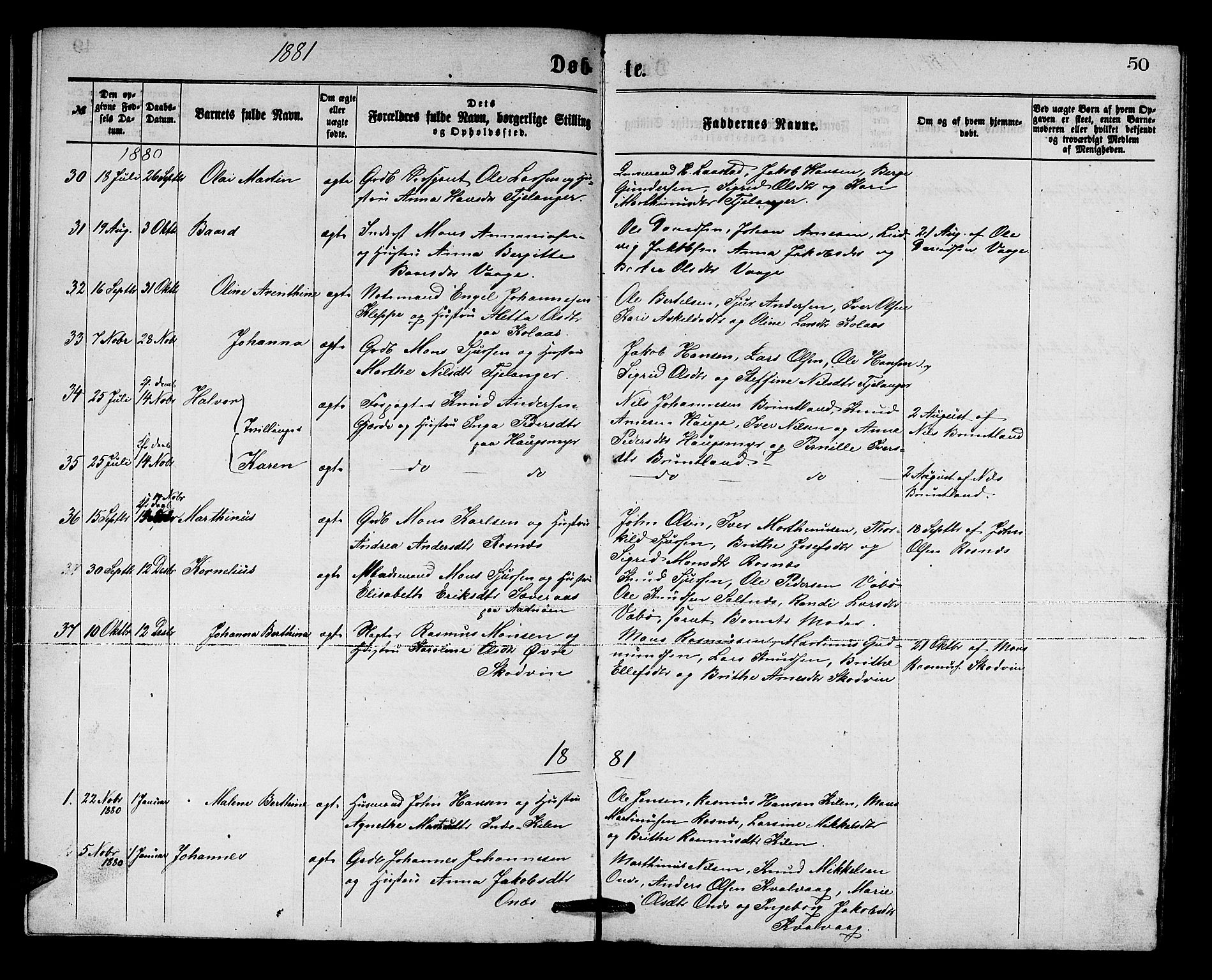 Lindås Sokneprestembete, SAB/A-76701/H/Hab: Parish register (copy) no. B 2, 1867-1885, p. 50