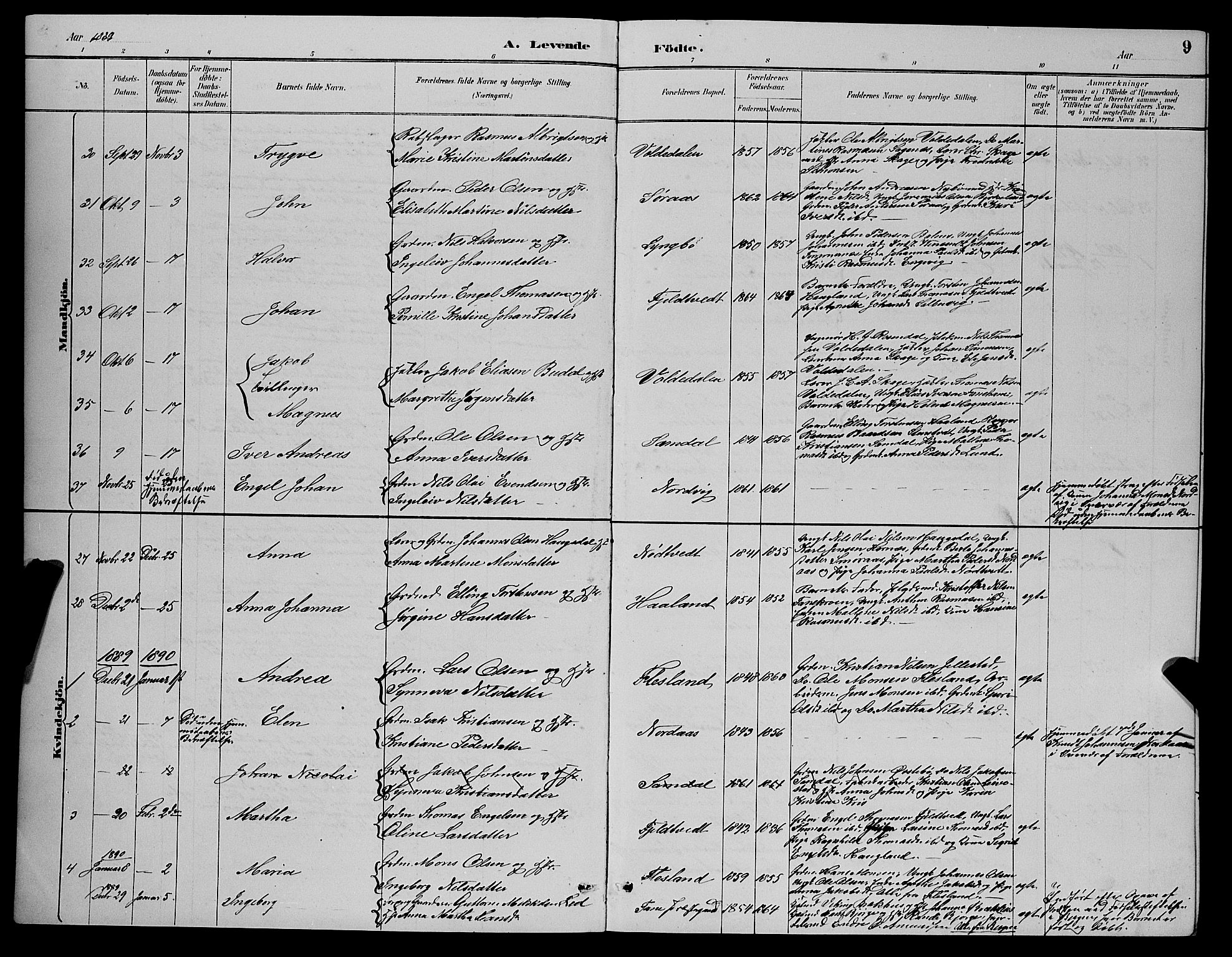 Fana Sokneprestembete, AV/SAB-A-75101/H/Hab/Haba/L0002: Parish register (copy) no. A 2, 1889-1895, p. 9