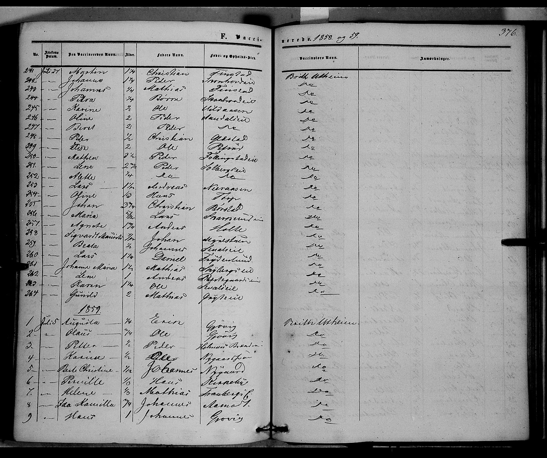 Vardal prestekontor, SAH/PREST-100/H/Ha/Haa/L0006: Parish register (official) no. 6, 1854-1866, p. 376