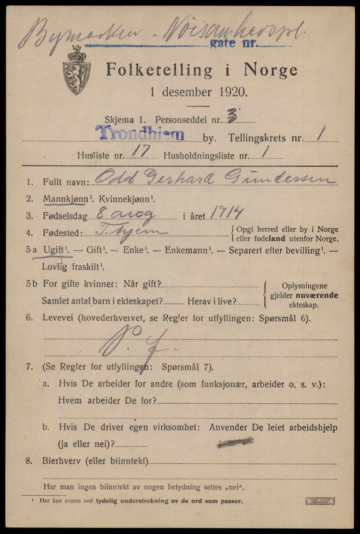 SAT, 1920 census for Trondheim, 1920, p. 32934