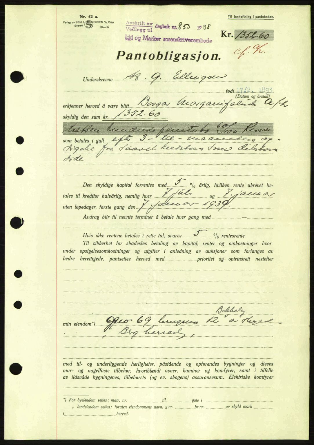 Idd og Marker sorenskriveri, AV/SAO-A-10283/G/Gb/Gbc/L0001: Mortgage book no. B1-3, 1936-1939, Diary no: : 853/1938