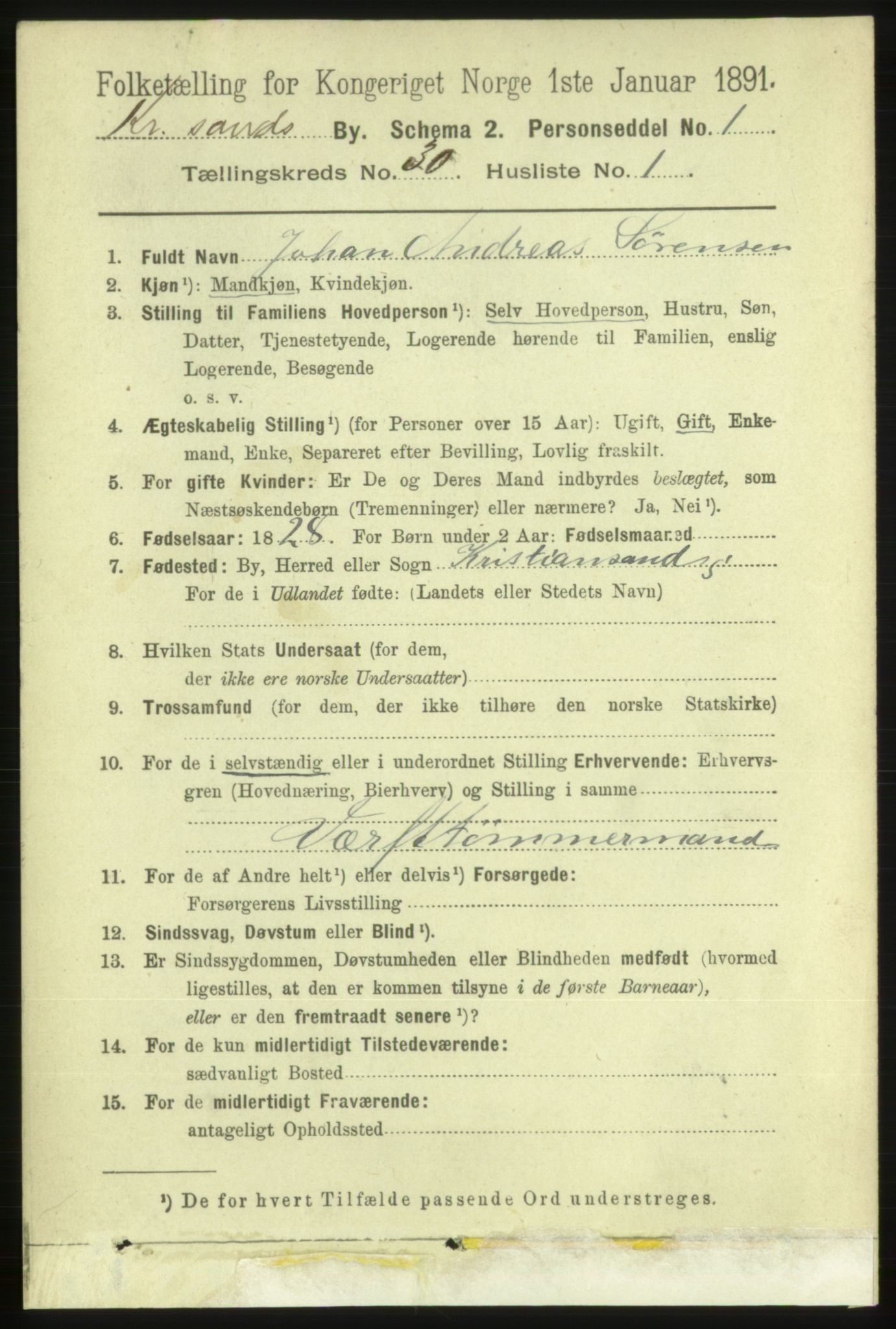 RA, 1891 census for 1001 Kristiansand, 1891, p. 9639