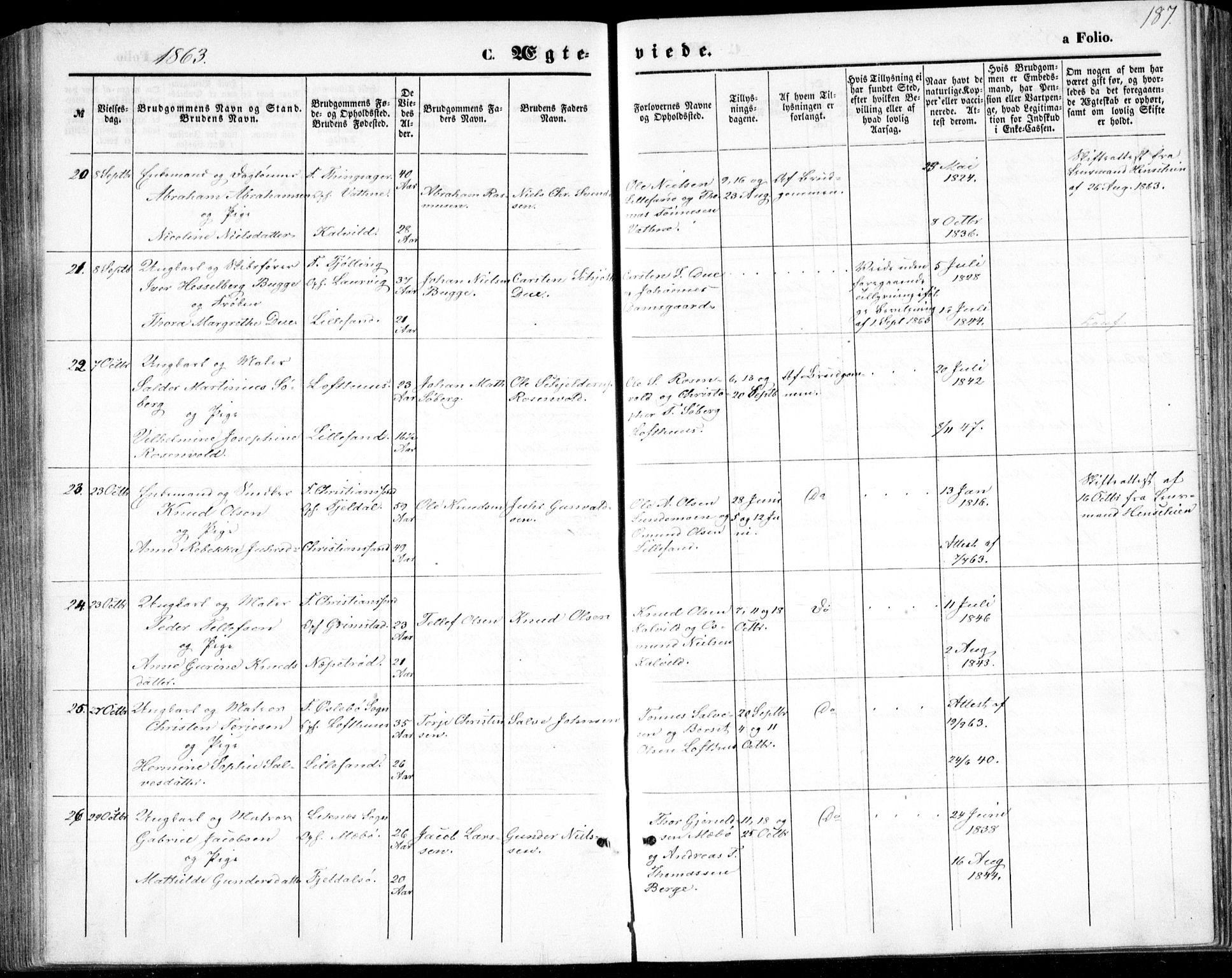 Vestre Moland sokneprestkontor, AV/SAK-1111-0046/F/Fb/Fbb/L0004: Parish register (copy) no. B 4, 1861-1872, p. 187