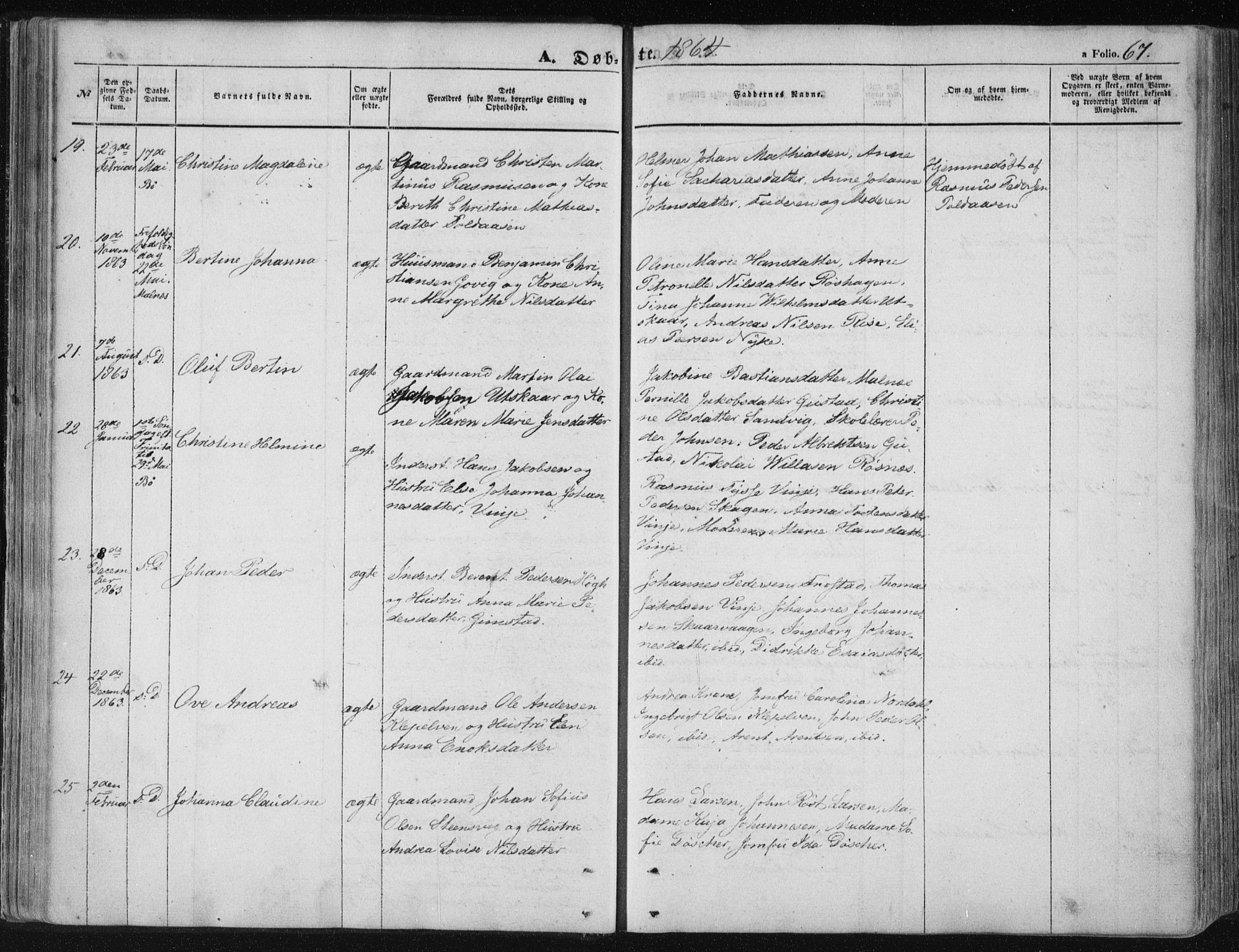 Ministerialprotokoller, klokkerbøker og fødselsregistre - Nordland, SAT/A-1459/891/L1300: Parish register (official) no. 891A05, 1856-1870, p. 67
