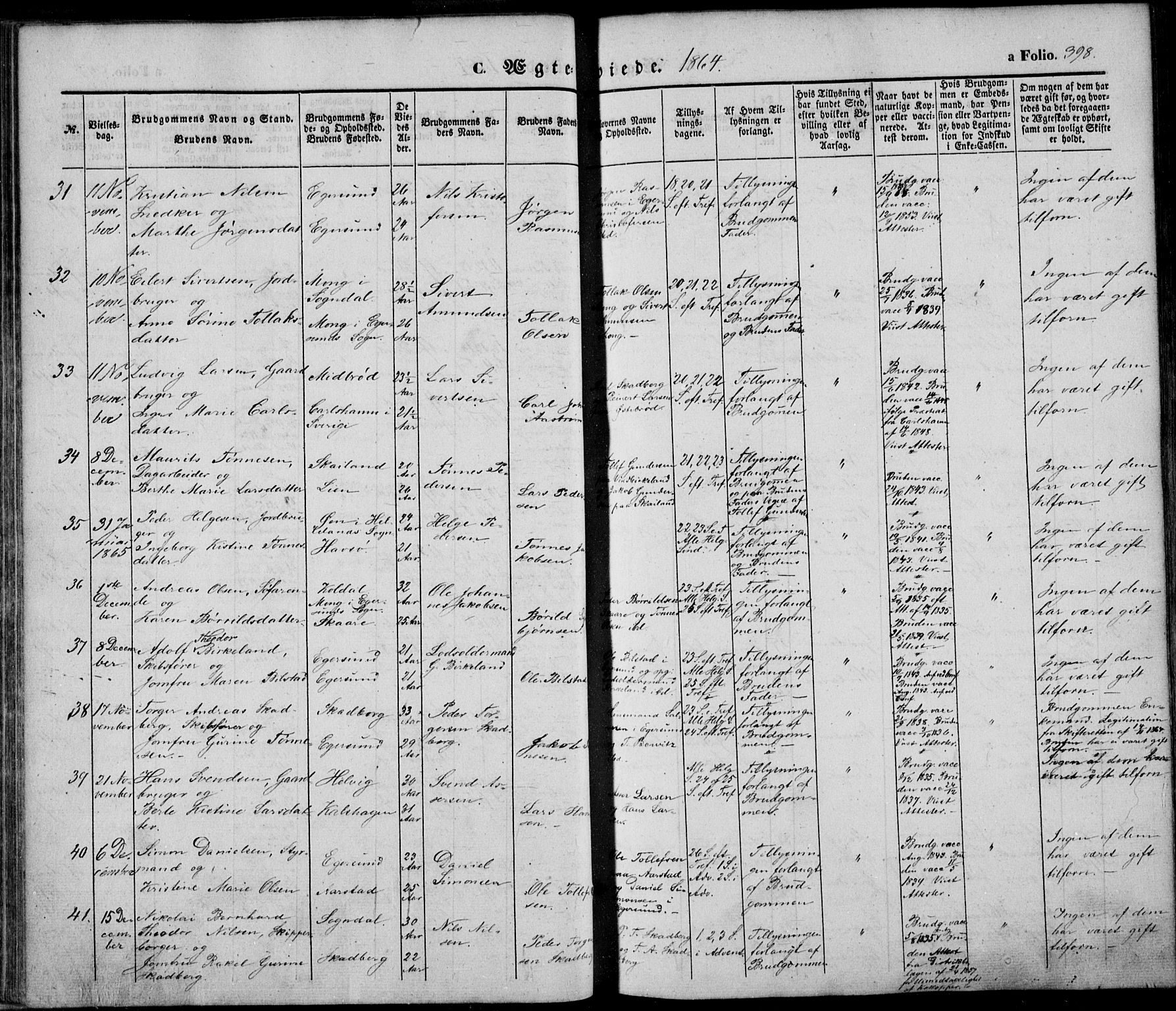 Eigersund sokneprestkontor, AV/SAST-A-101807/S08/L0013: Parish register (official) no. A 12.2, 1850-1865, p. 398