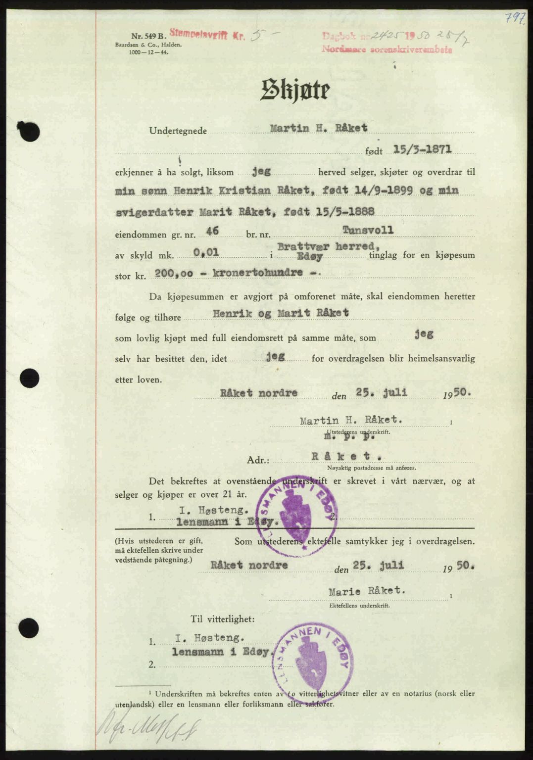 Nordmøre sorenskriveri, AV/SAT-A-4132/1/2/2Ca: Mortgage book no. A115, 1950-1950, Diary no: : 2425/1950