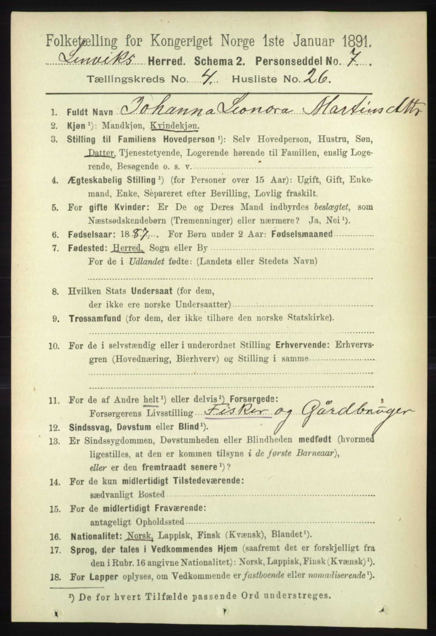 RA, 1891 census for 1931 Lenvik, 1891, p. 2075