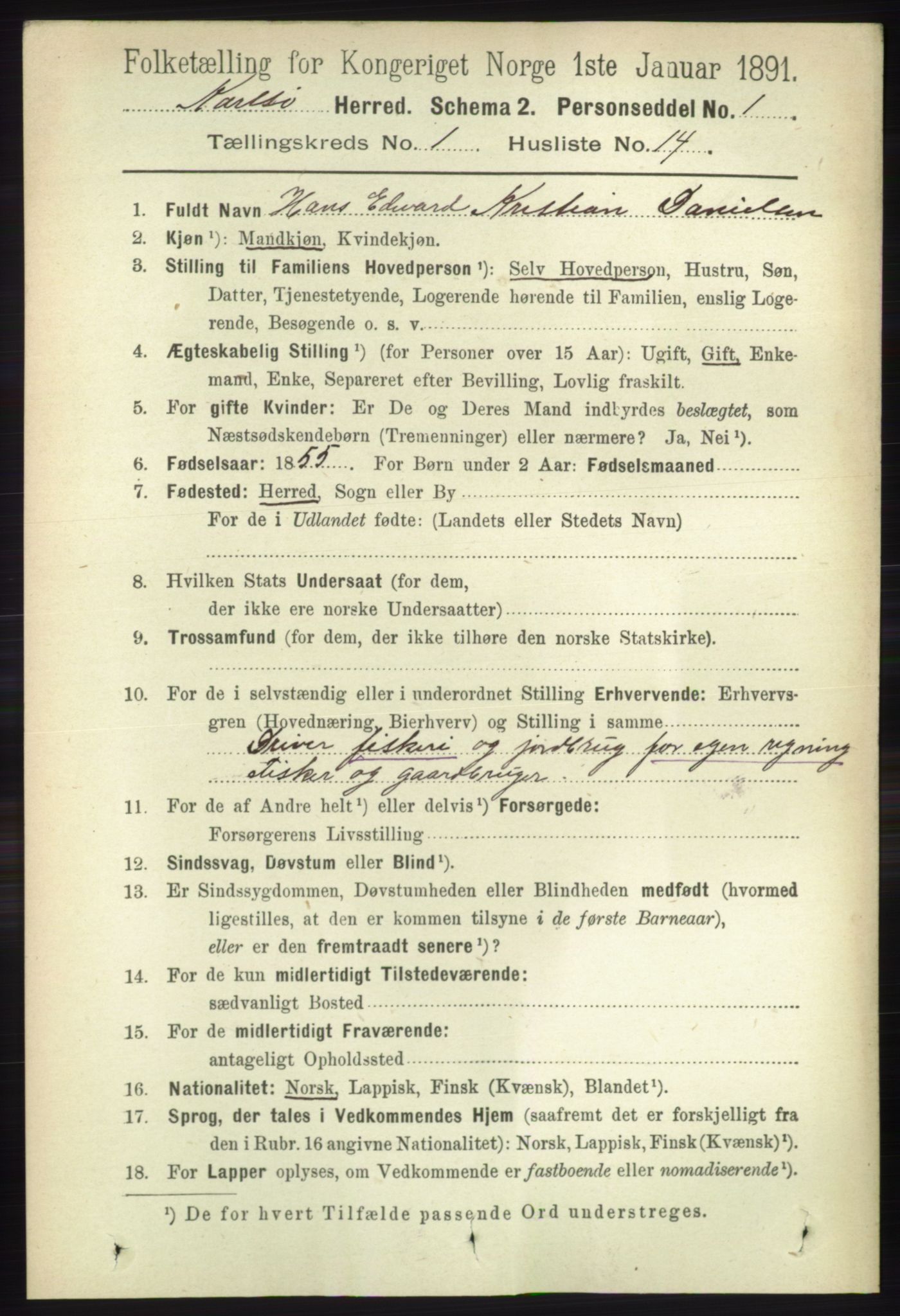 RA, 1891 census for 1936 Karlsøy, 1891, p. 134