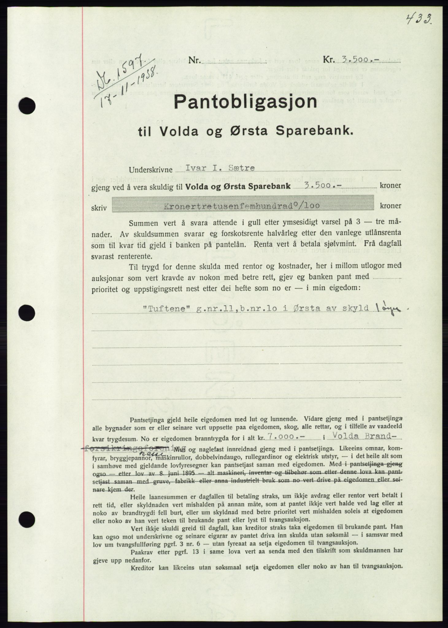 Søre Sunnmøre sorenskriveri, AV/SAT-A-4122/1/2/2C/L0066: Mortgage book no. 60, 1938-1938, Diary no: : 1597/1938