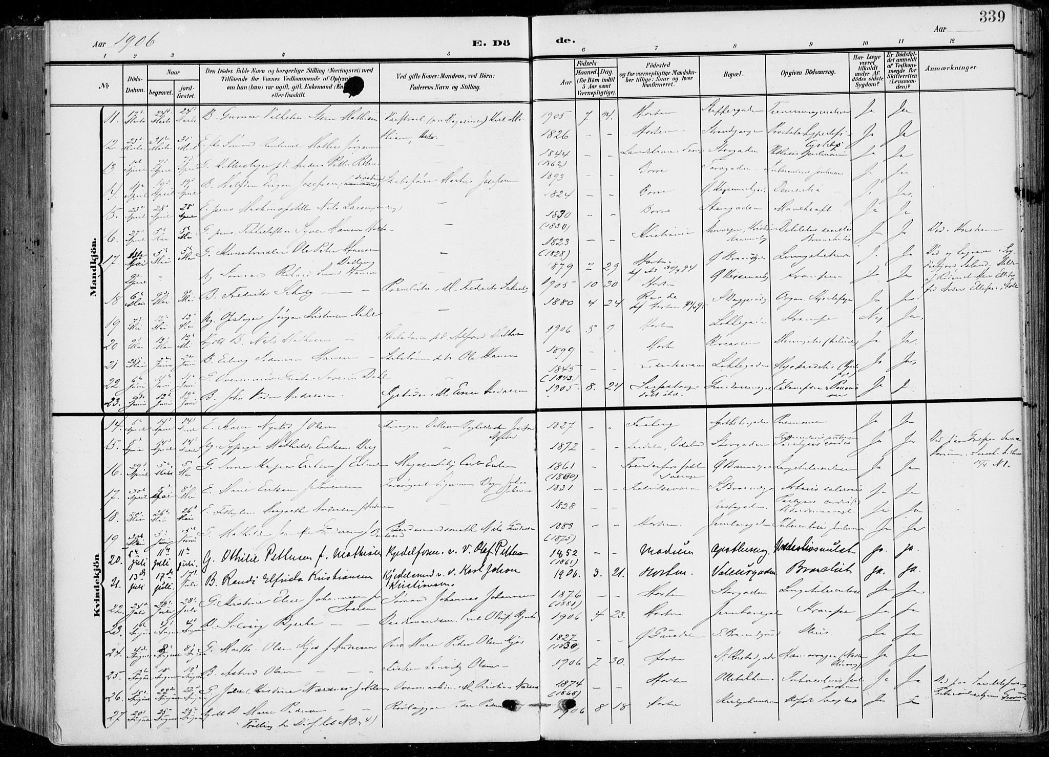 Horten kirkebøker, SAKO/A-348/F/Fa/L0006: Parish register (official) no. 6, 1905-1912, p. 339