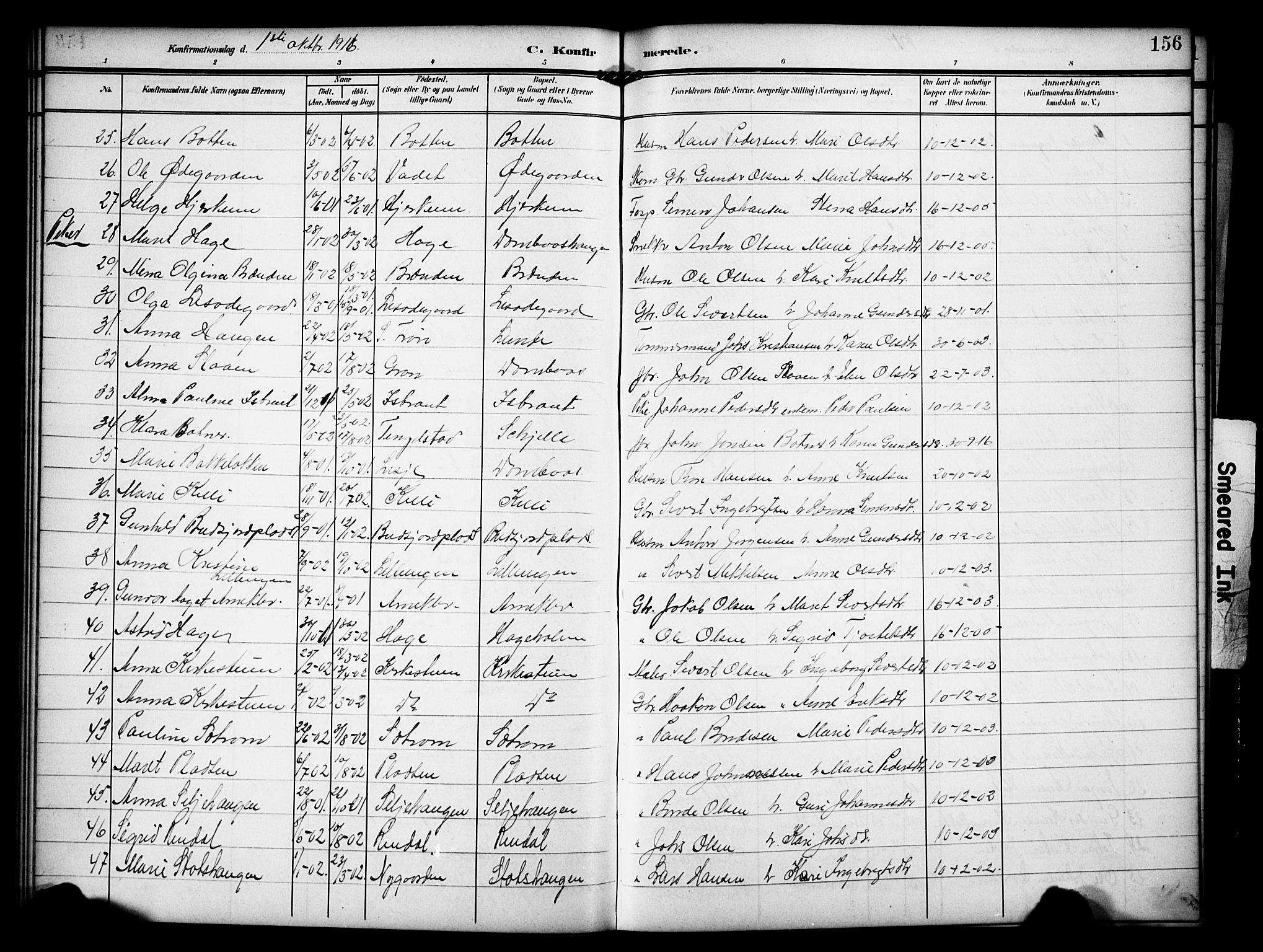 Dovre prestekontor, SAH/PREST-066/H/Ha/Hab/L0003: Parish register (copy) no. 3, 1907-1929, p. 156