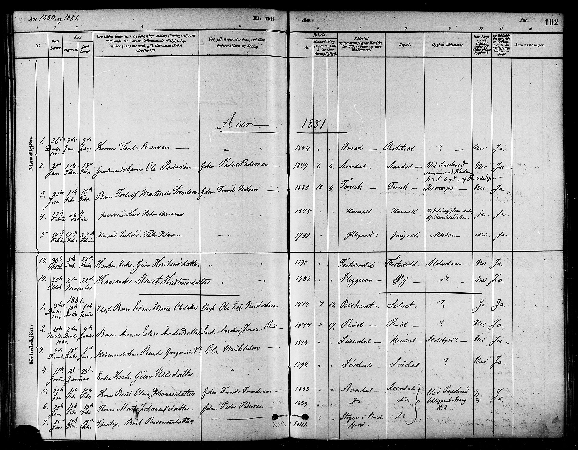 Ministerialprotokoller, klokkerbøker og fødselsregistre - Møre og Romsdal, SAT/A-1454/584/L0967: Parish register (official) no. 584A07, 1879-1894, p. 192