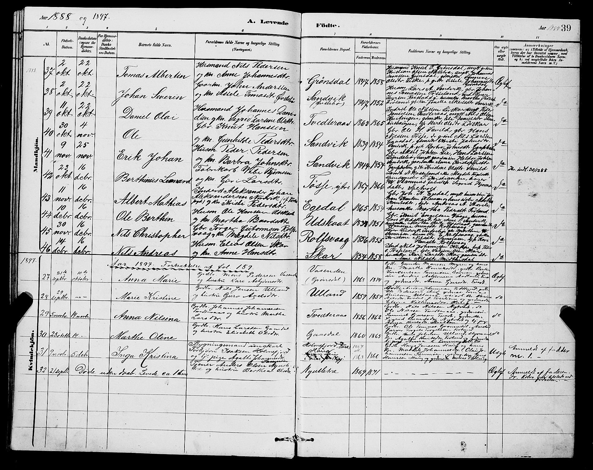 Samnanger Sokneprestembete, AV/SAB-A-77501/H/Hab: Parish register (copy) no. A 2, 1879-1897, p. 39
