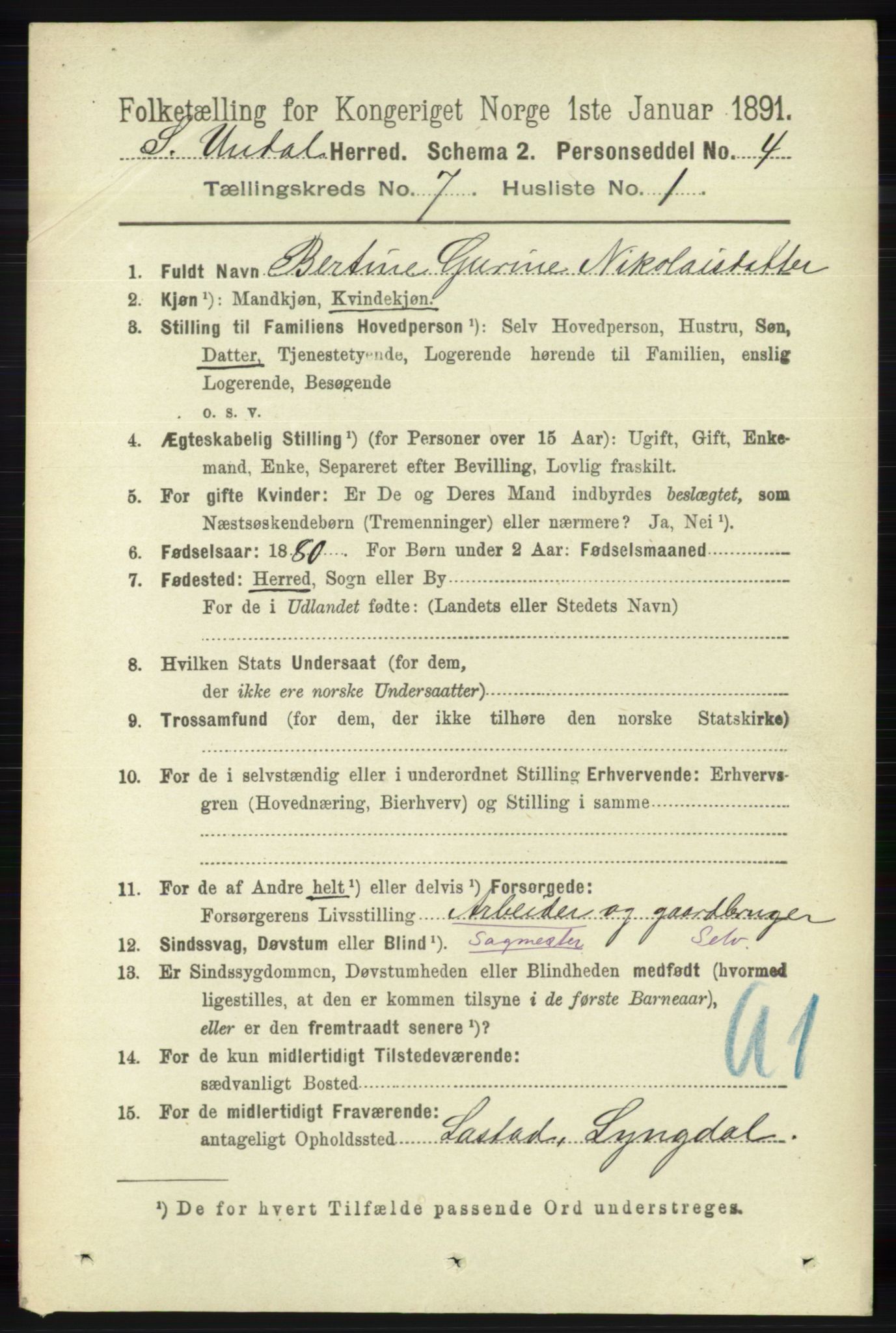 RA, 1891 census for 1029 Sør-Audnedal, 1891, p. 2625