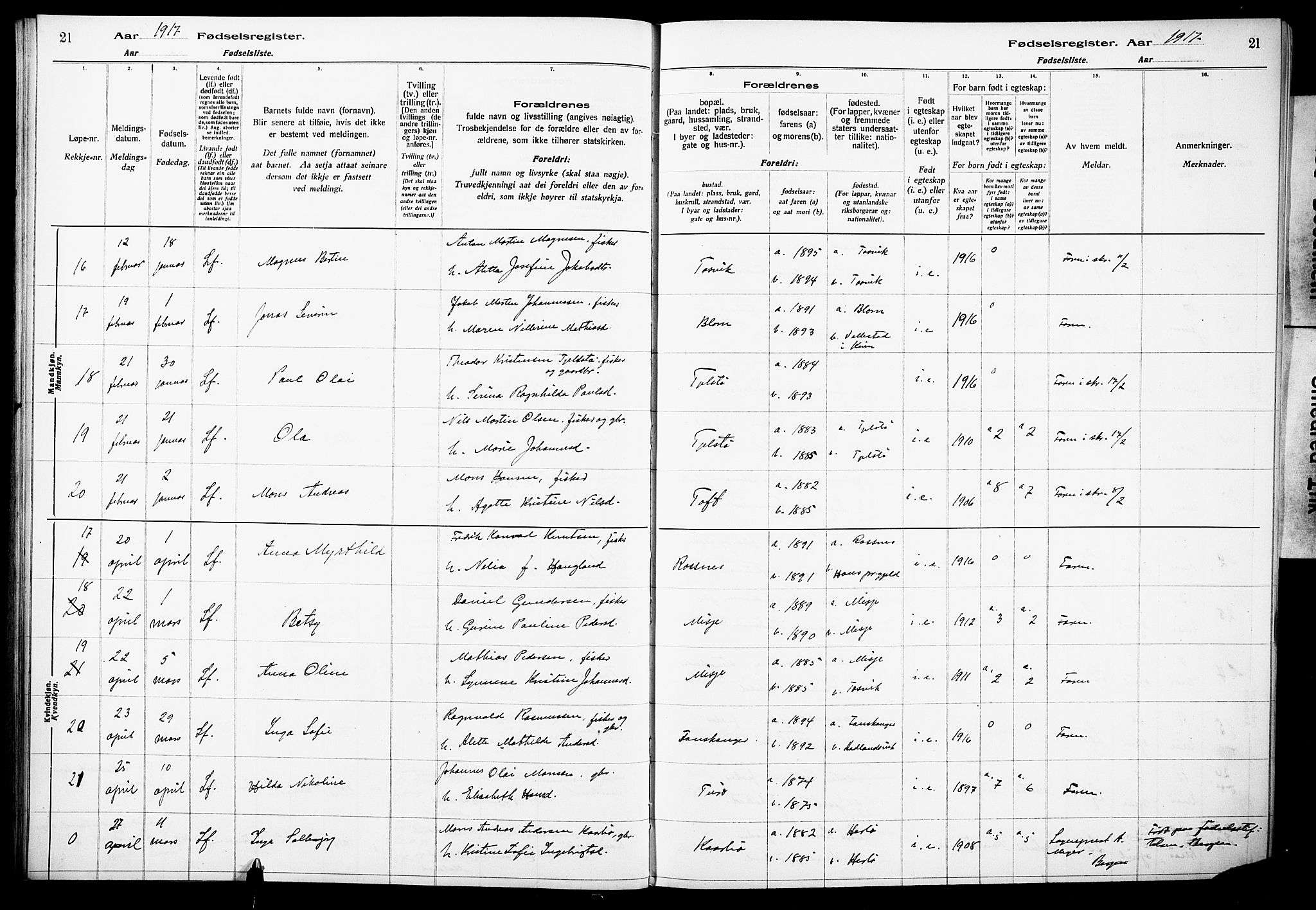 Herdla Sokneprestembete, AV/SAB-A-75701/I/Id/L00A1: Birth register no. A 1, 1916-1929, p. 21