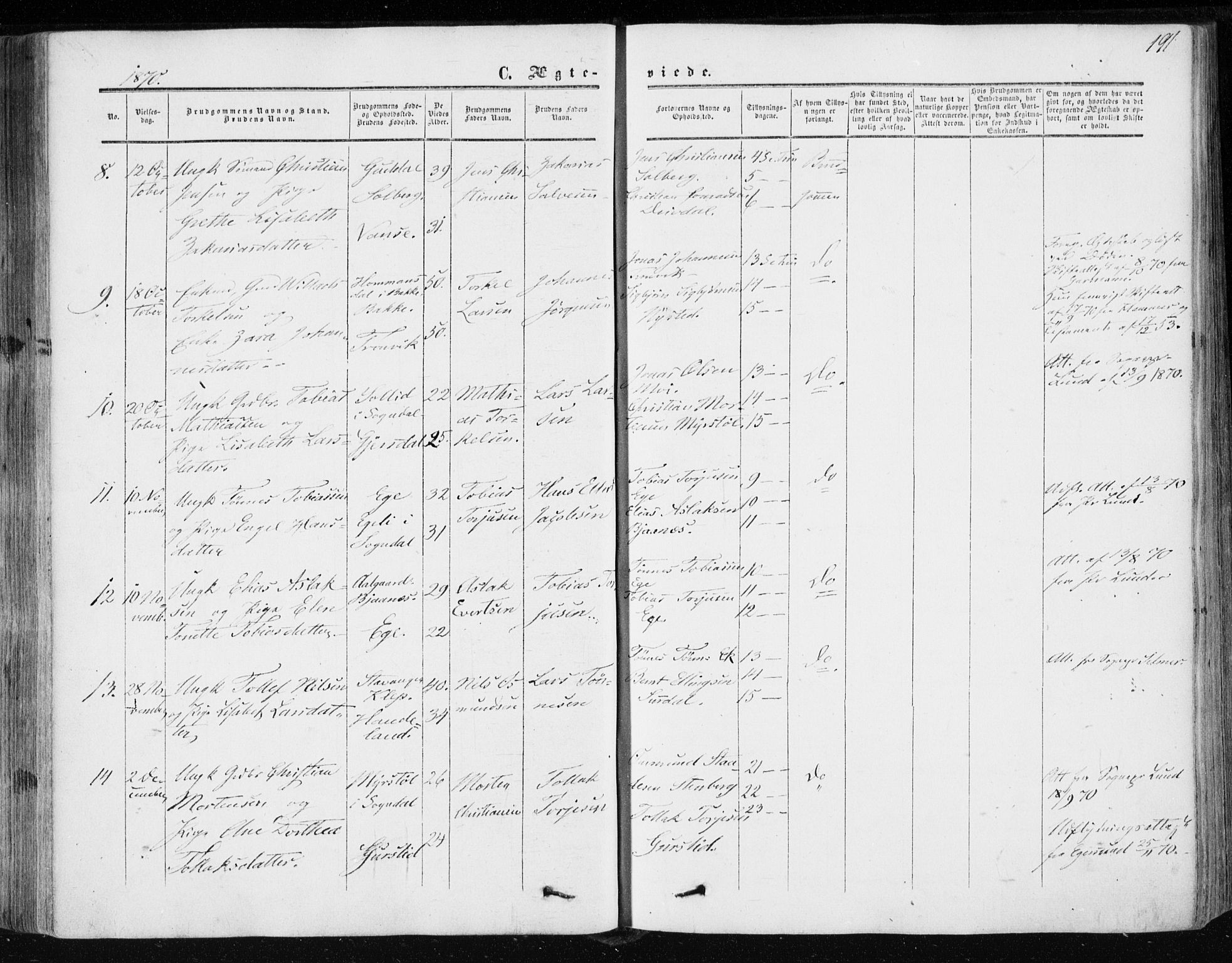 Lund sokneprestkontor, AV/SAST-A-101809/S06/L0009: Parish register (official) no. A 8, 1853-1877, p. 191