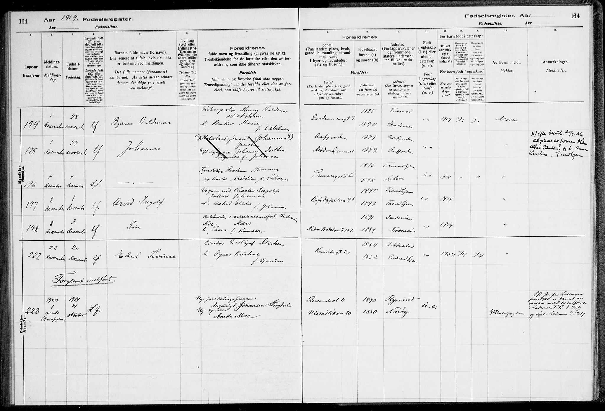 Ministerialprotokoller, klokkerbøker og fødselsregistre - Sør-Trøndelag, AV/SAT-A-1456/600/L0002: Birth register no. 600.II.4.1, 1916-1920, p. 164