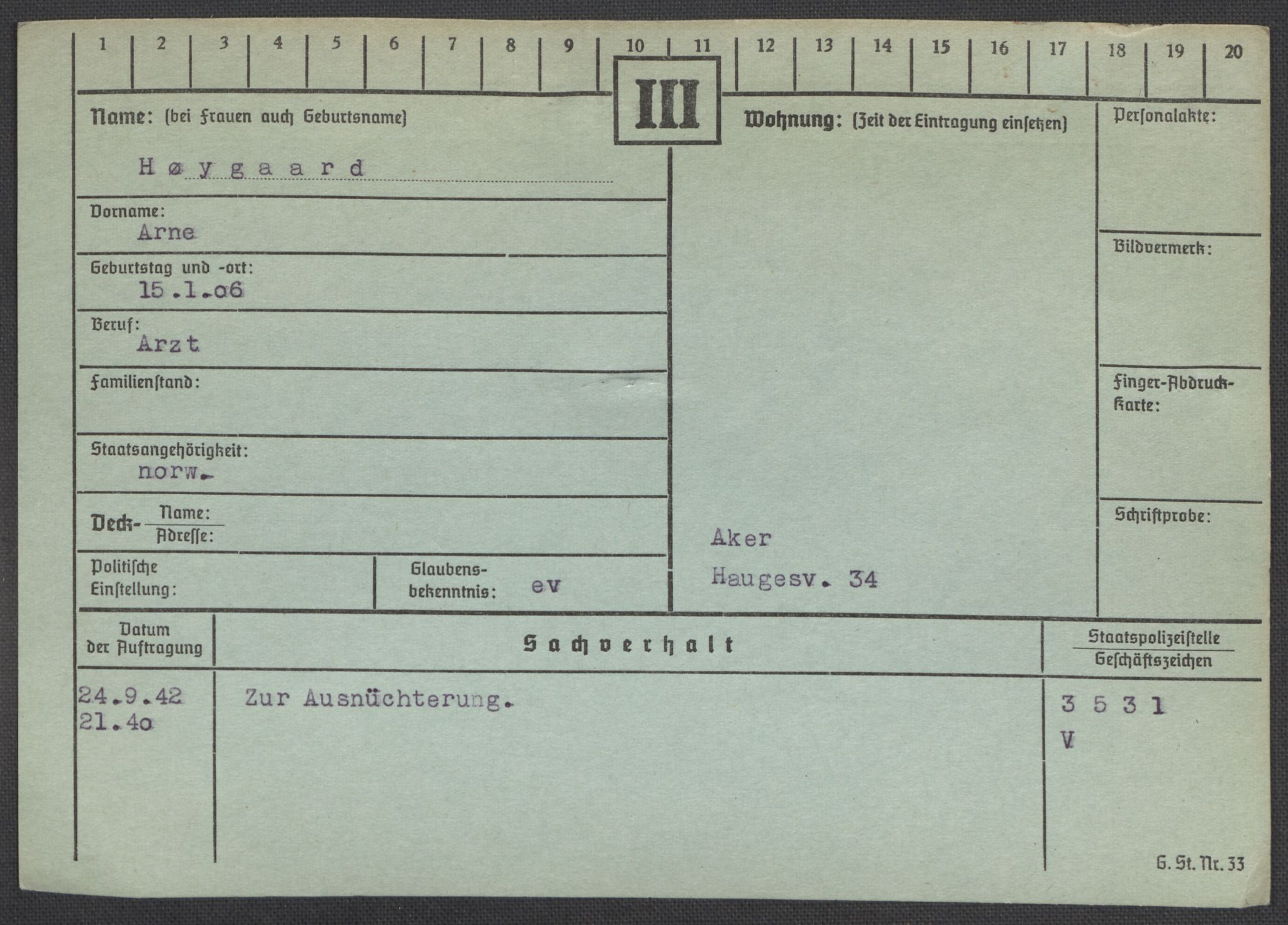 Befehlshaber der Sicherheitspolizei und des SD, RA/RAFA-5969/E/Ea/Eaa/L0005: Register over norske fanger i Møllergata 19: Hø-Kj, 1940-1945, p. 76