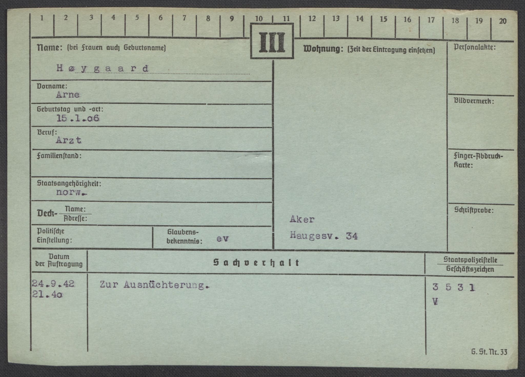 Befehlshaber der Sicherheitspolizei und des SD, AV/RA-RAFA-5969/E/Ea/Eaa/L0005: Register over norske fanger i Møllergata 19: Hø-Kj, 1940-1945, p. 76