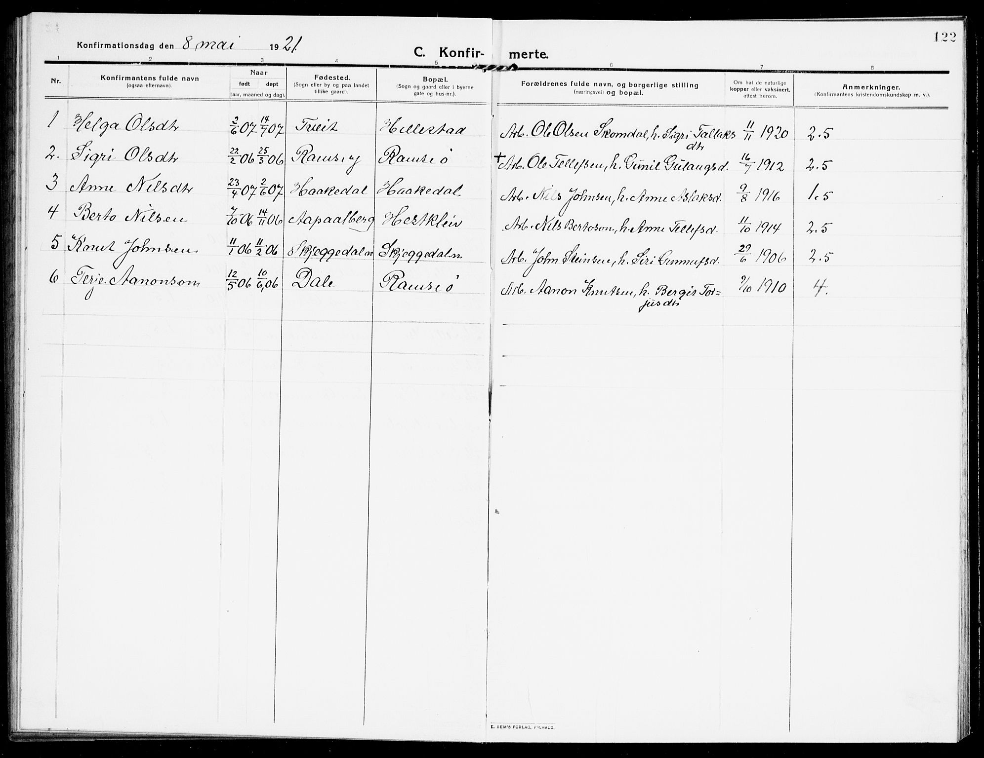 Åmli sokneprestkontor, SAK/1111-0050/F/Fb/Fbb/L0003: Parish register (copy) no. B 3, 1906-1941, p. 122