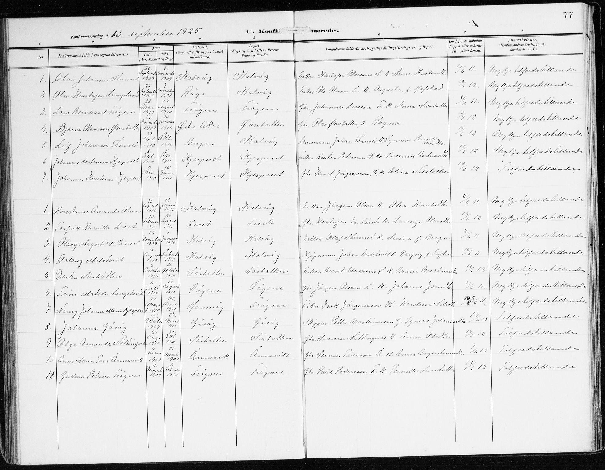 Bremanger sokneprestembete, SAB/A-82201/H/Haa/Haab/L0003: Parish register (official) no. B 3, 1908-1925, p. 77