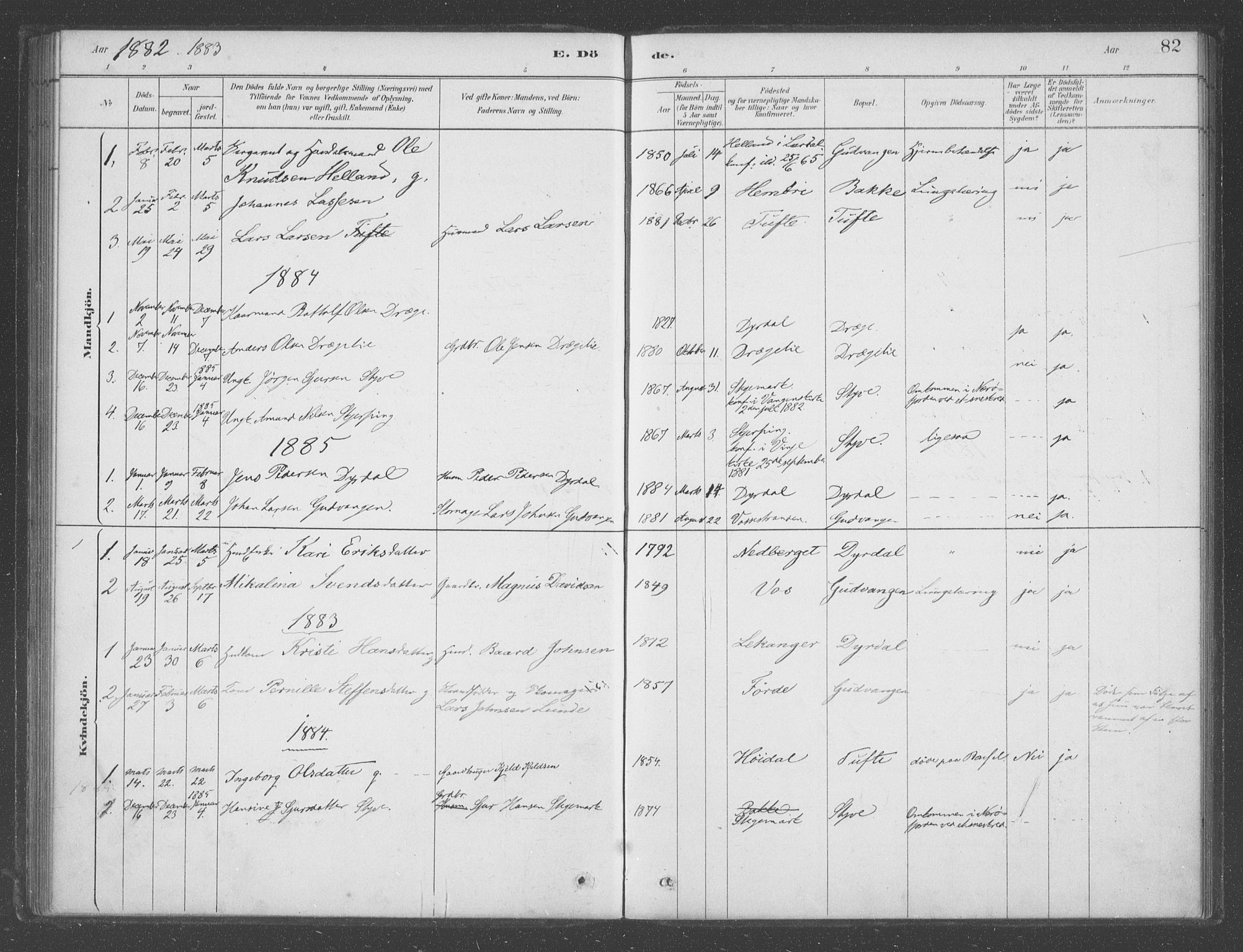 Aurland sokneprestembete, SAB/A-99937/H/Ha/Had/L0001: Parish register (official) no. D  1, 1880-1903, p. 82
