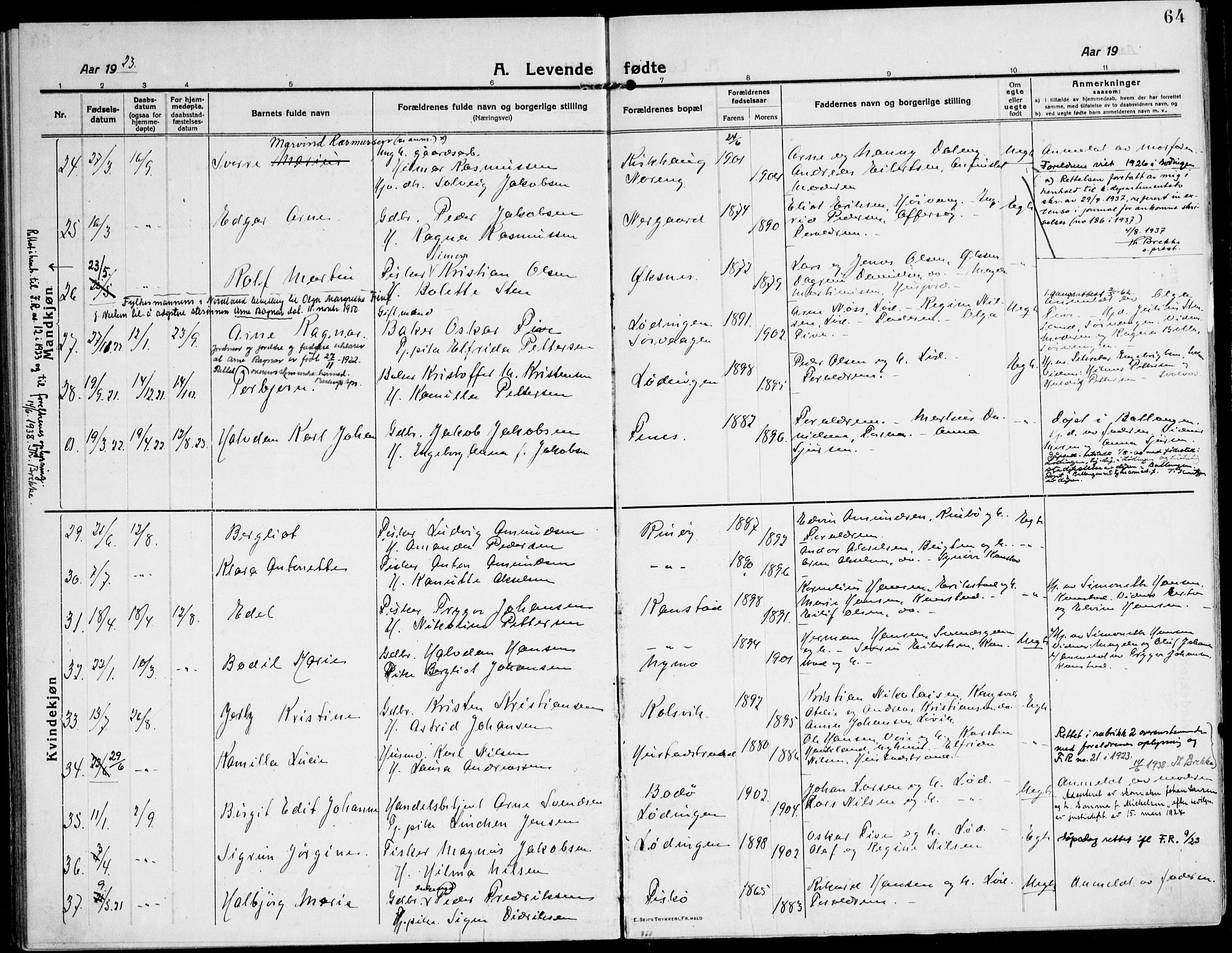 Ministerialprotokoller, klokkerbøker og fødselsregistre - Nordland, AV/SAT-A-1459/872/L1037: Parish register (official) no. 872A12, 1914-1925, p. 64