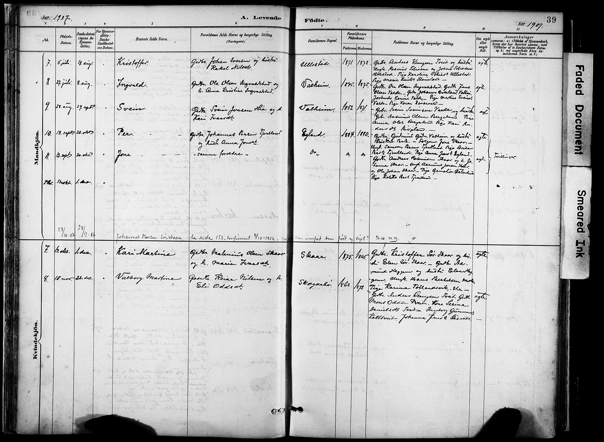 Hjelmeland sokneprestkontor, AV/SAST-A-101843/02/A/L0001: Parish register (official) no. A 16, 1887-1926, p. 39