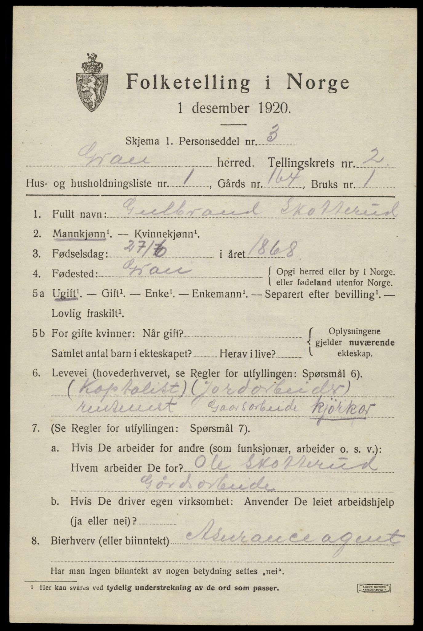 SAH, 1920 census for Gran, 1920, p. 3153