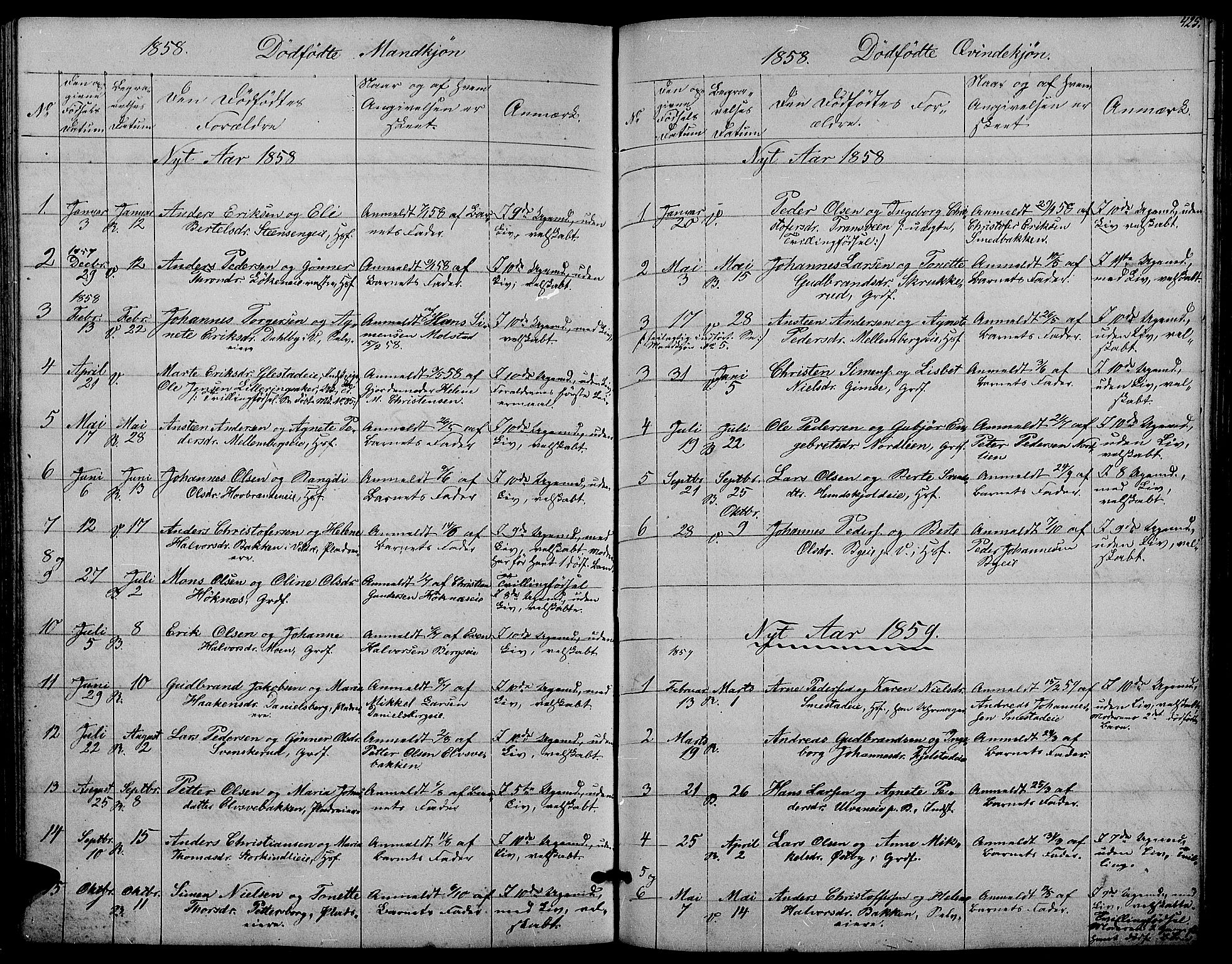 Ringsaker prestekontor, AV/SAH-PREST-014/L/La/L0006: Parish register (copy) no. 6, 1851-1860, p. 425