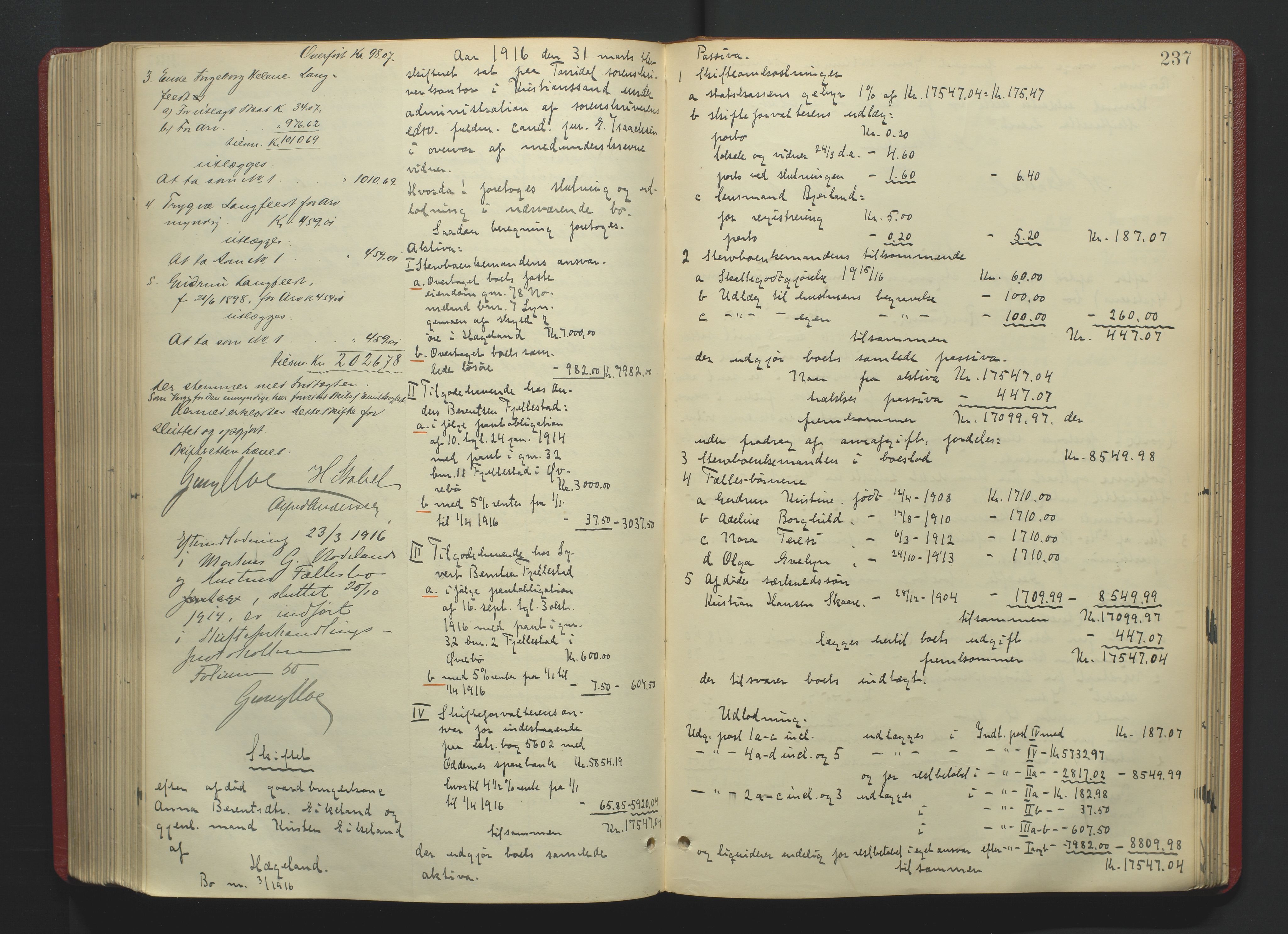 Torridal sorenskriveri, SAK/1221-0012/H/Hc/L0036: Skifteutlodningsprotokoll med navneregister nr. 5, 1906-1918, p. 237