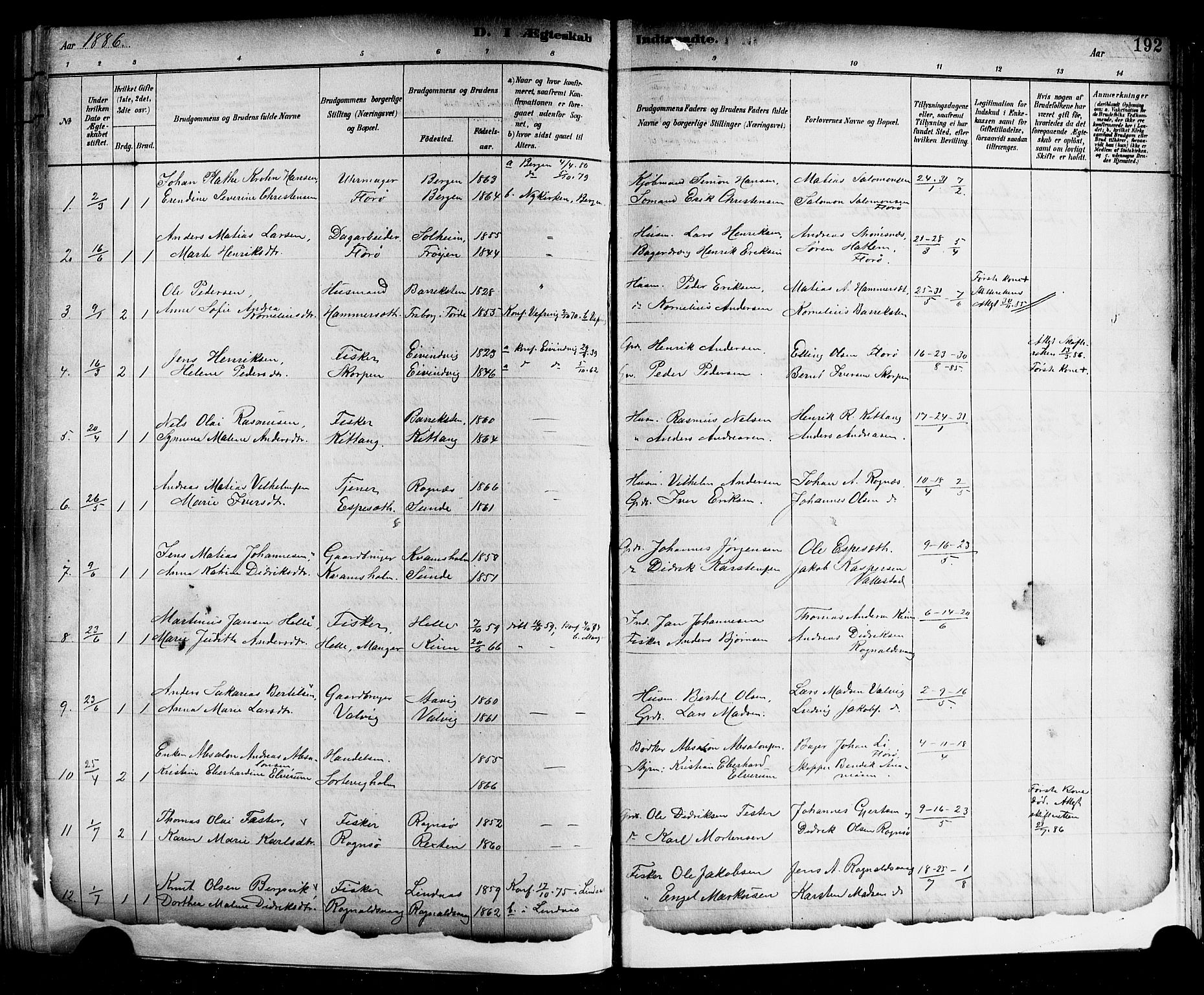 Kinn sokneprestembete, SAB/A-80801/H/Hab/Haba/L0002: Parish register (copy) no. A 2, 1882-1906, p. 192