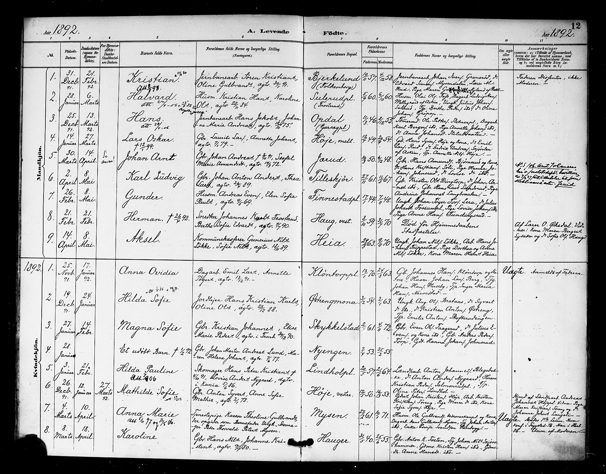 Eidsberg prestekontor Kirkebøker, SAO/A-10905/F/Fa/L0013: Parish register (official) no. I 13, 1890-1901, p. 12