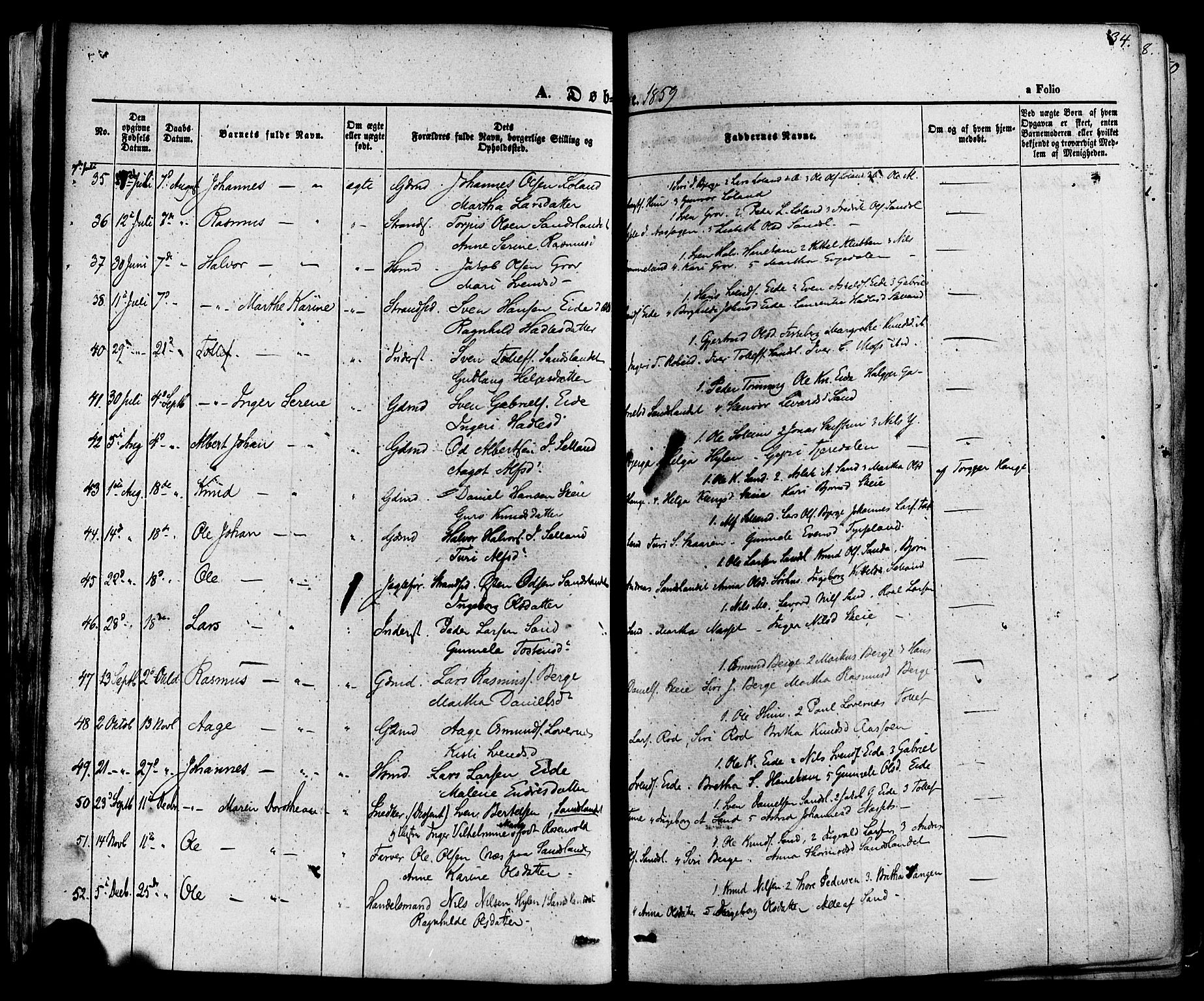 Sand sokneprestkontor, AV/SAST-A-101848/01/III/L0003: Parish register (official) no. A 3, 1854-1879, p. 34