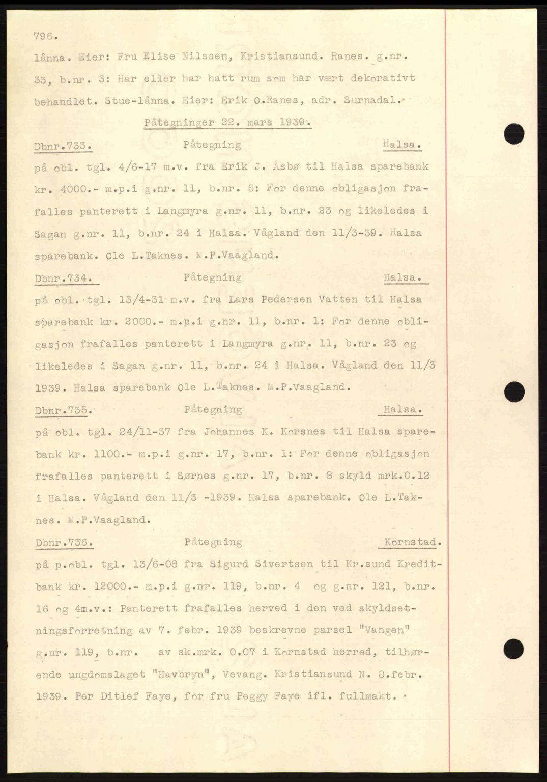 Nordmøre sorenskriveri, AV/SAT-A-4132/1/2/2Ca: Mortgage book no. C80, 1936-1939, Diary no: : 733/1939