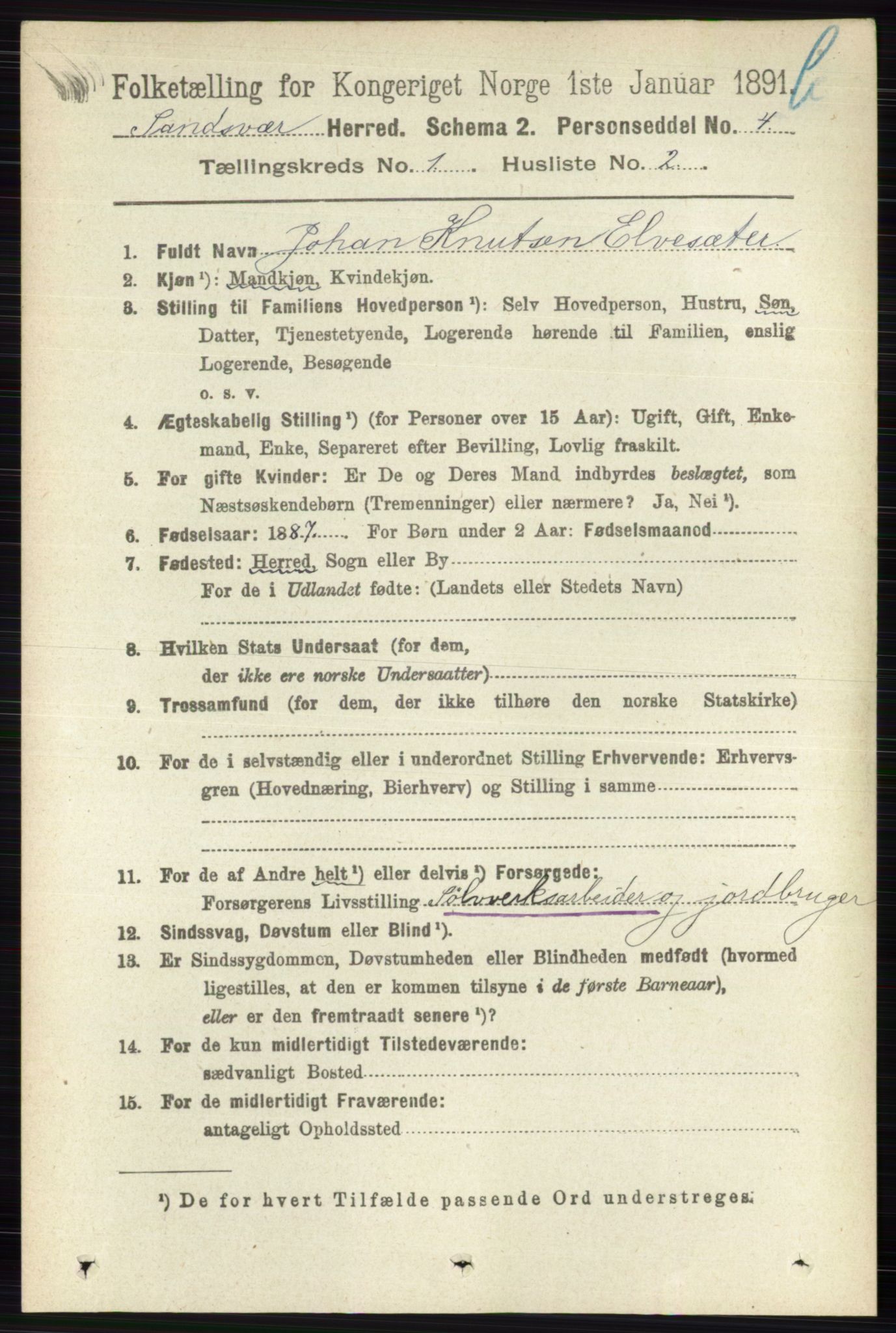 RA, 1891 census for 0629 Sandsvær, 1891, p. 5560