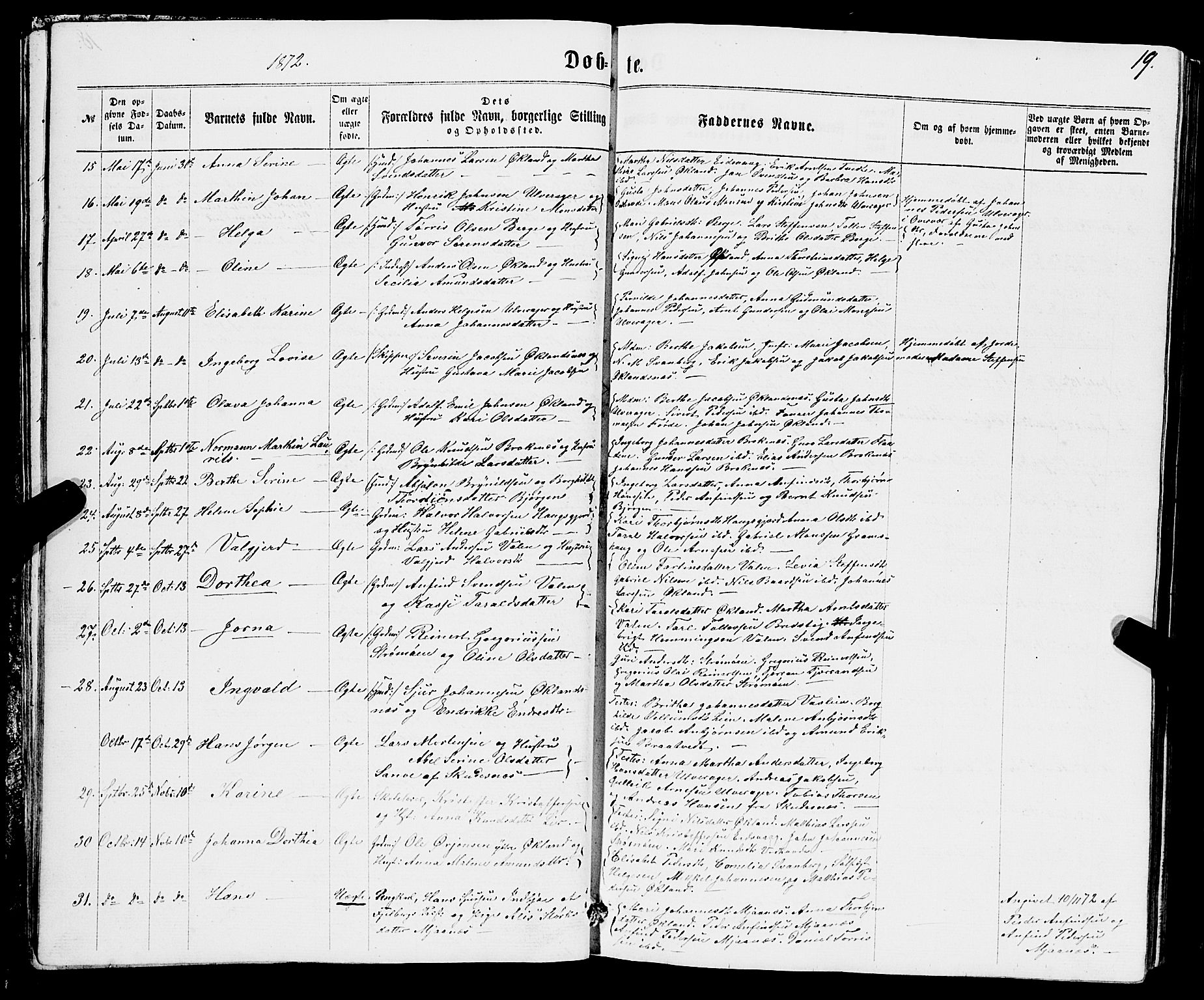 Sveio Sokneprestembete, SAB/A-78501/H/Hab: Parish register (copy) no. B 1, 1864-1886, p. 19