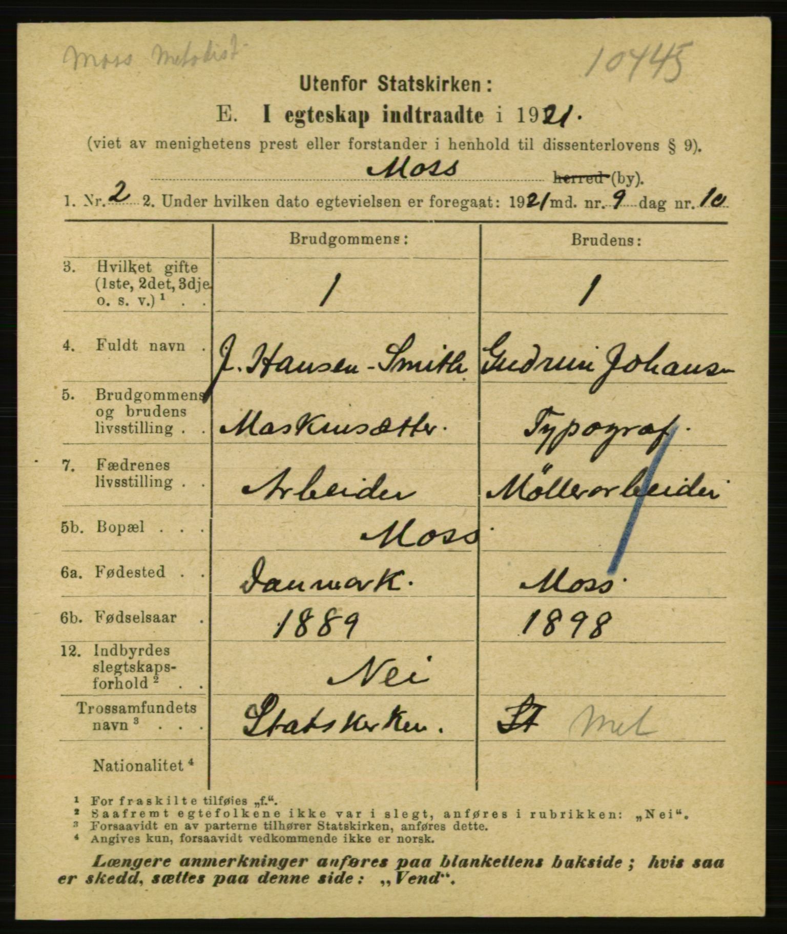 Statistisk sentralbyrå, Sosiodemografiske emner, Befolkning, AV/RA-S-2228/E/L0019: Fødte, gifte, døde dissentere., 1921, p. 1877