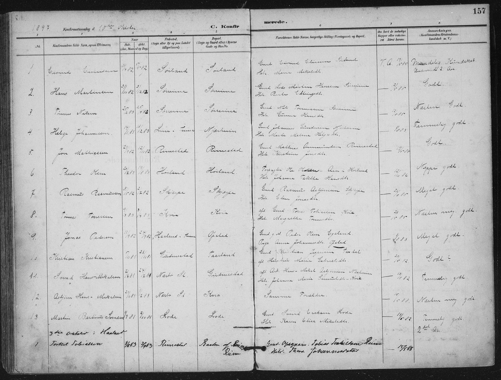 Hå sokneprestkontor, SAST/A-101801/002/B/L0001: Parish register (official) no. A 11, 1897-1924, p. 157