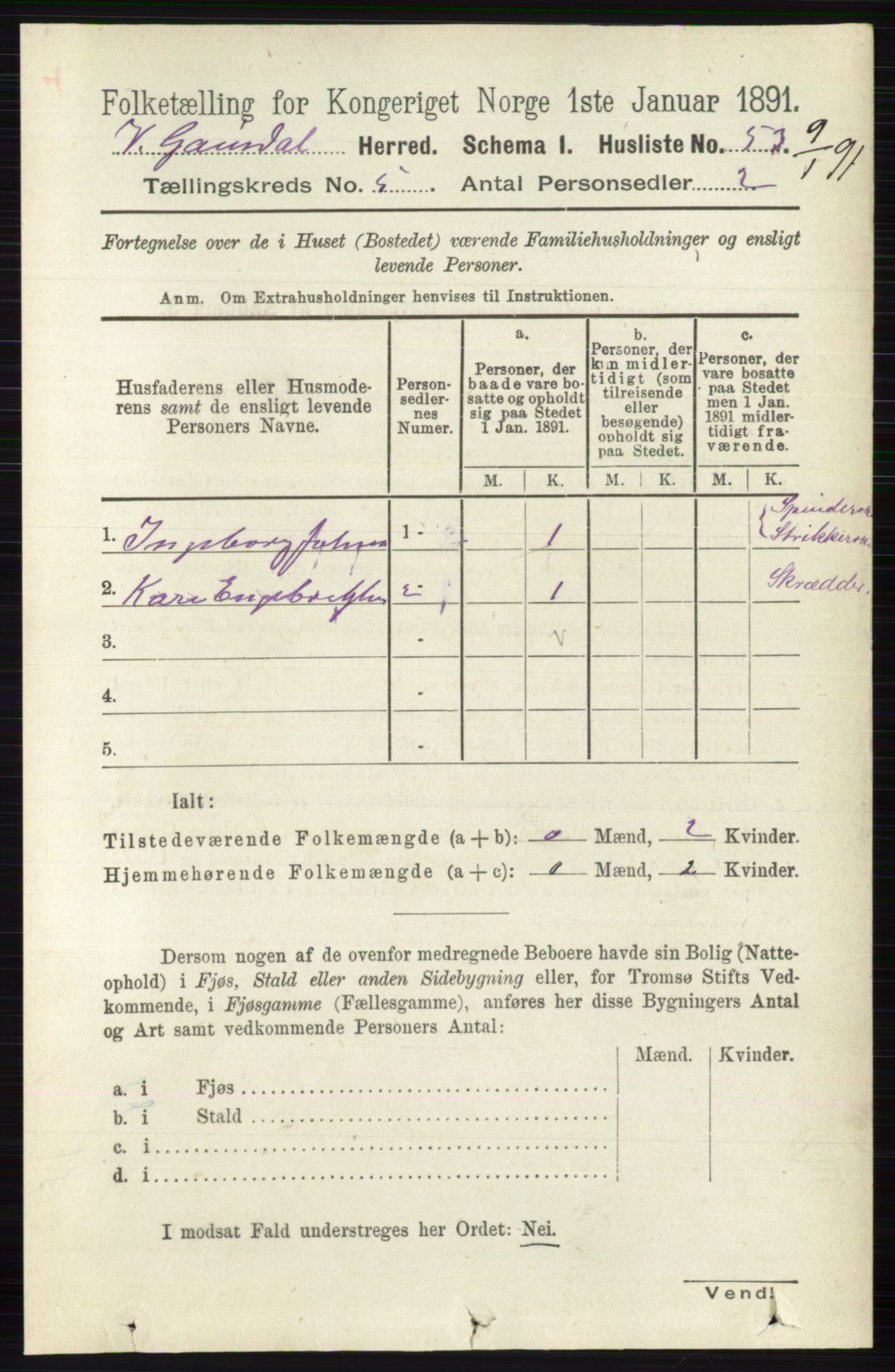 RA, 1891 census for 0523 Vestre Gausdal, 1891, p. 2170