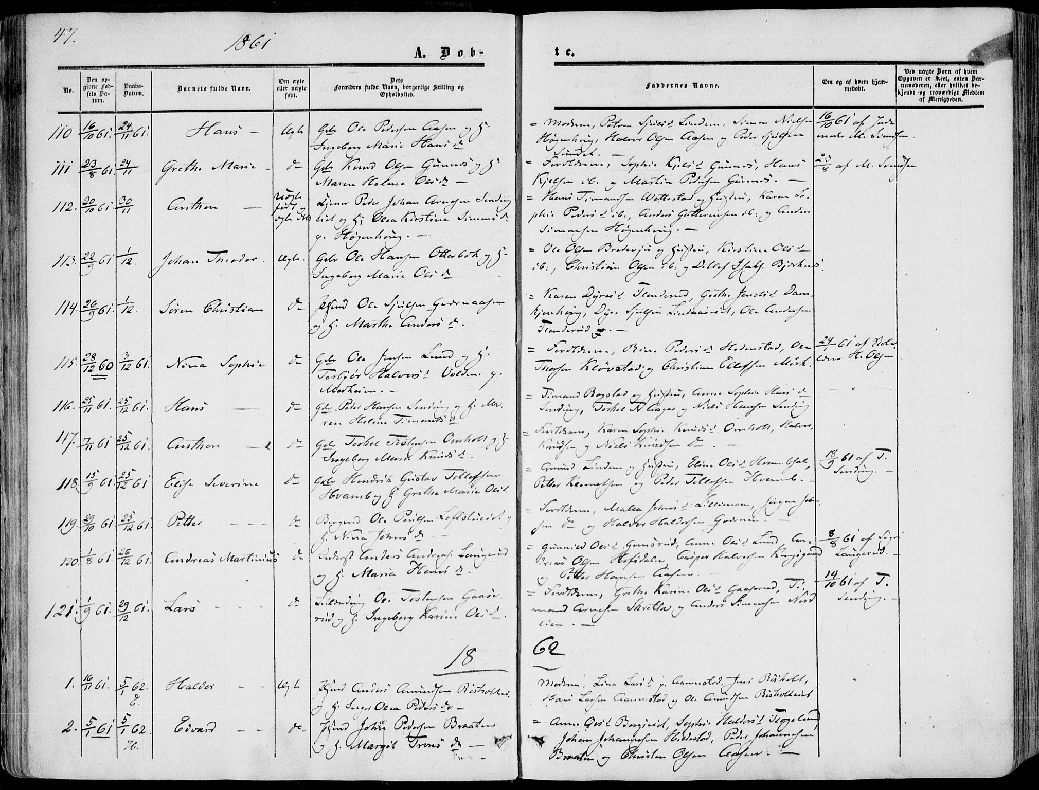 Sandsvær kirkebøker, SAKO/A-244/F/Fa/L0006: Parish register (official) no. I 6, 1857-1868, p. 47