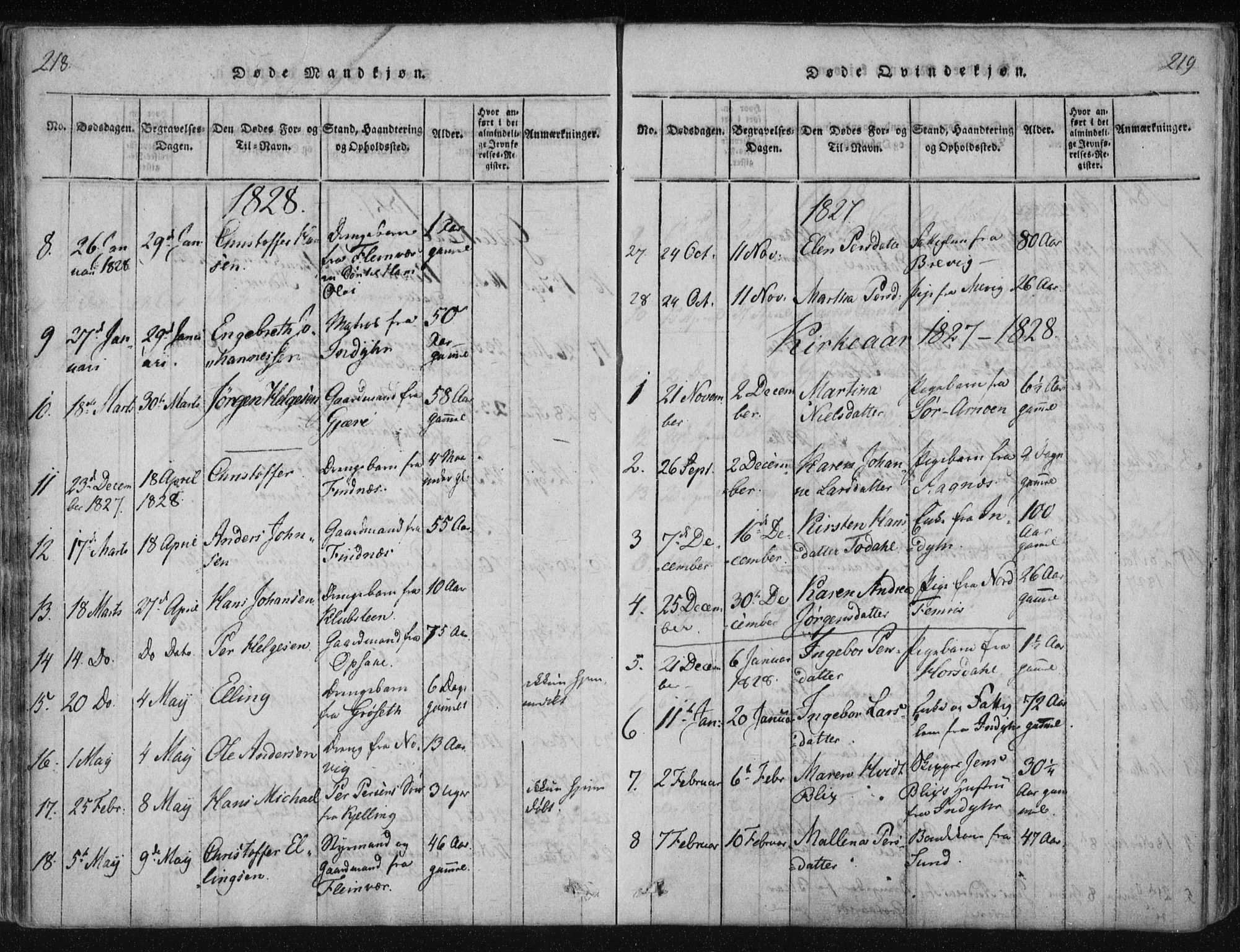 Ministerialprotokoller, klokkerbøker og fødselsregistre - Nordland, AV/SAT-A-1459/805/L0096: Parish register (official) no. 805A03, 1820-1837, p. 218-219