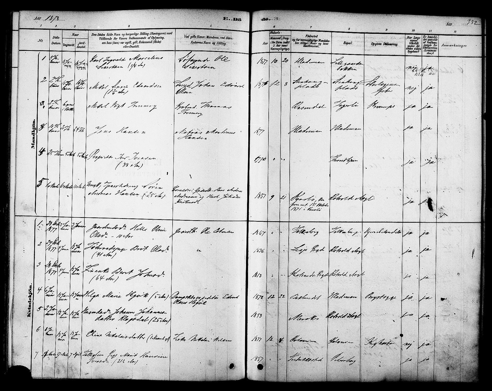Ministerialprotokoller, klokkerbøker og fødselsregistre - Sør-Trøndelag, SAT/A-1456/606/L0294: Parish register (official) no. 606A09, 1878-1886, p. 352