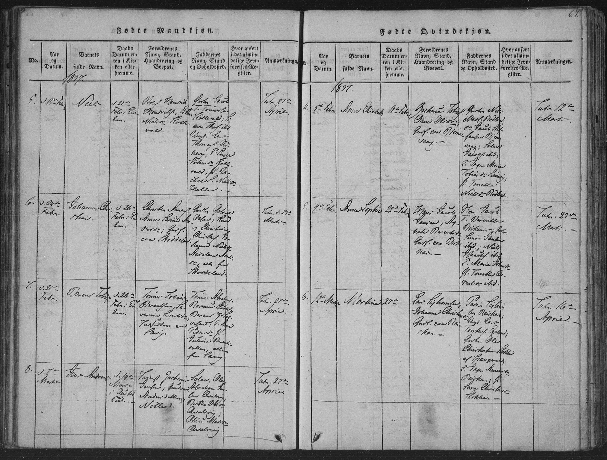Herad sokneprestkontor, SAK/1111-0018/F/Fa/Fab/L0002: Parish register (official) no. A 2, 1816-1844, p. 67