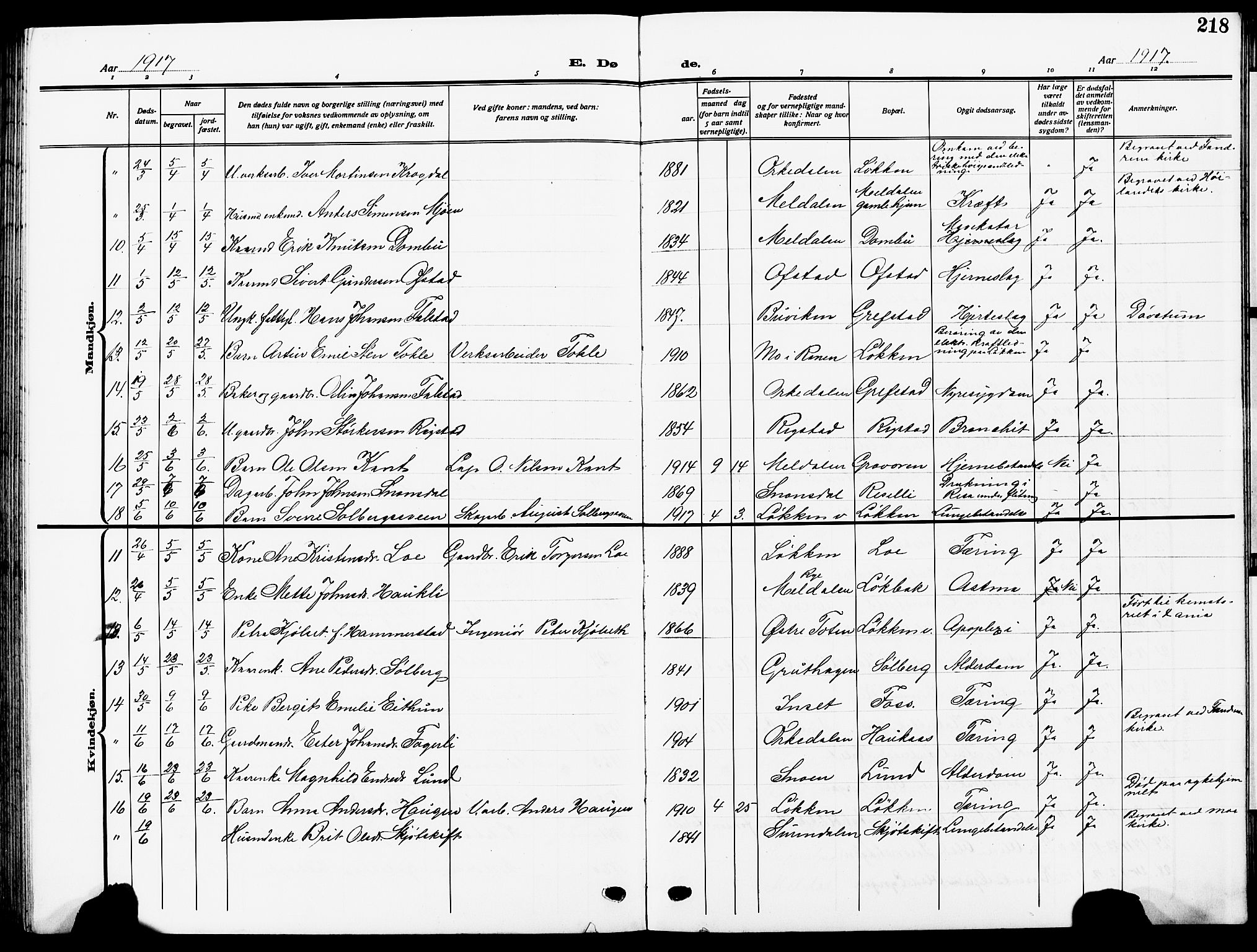 Ministerialprotokoller, klokkerbøker og fødselsregistre - Sør-Trøndelag, AV/SAT-A-1456/672/L0865: Parish register (copy) no. 672C04, 1914-1928, p. 218