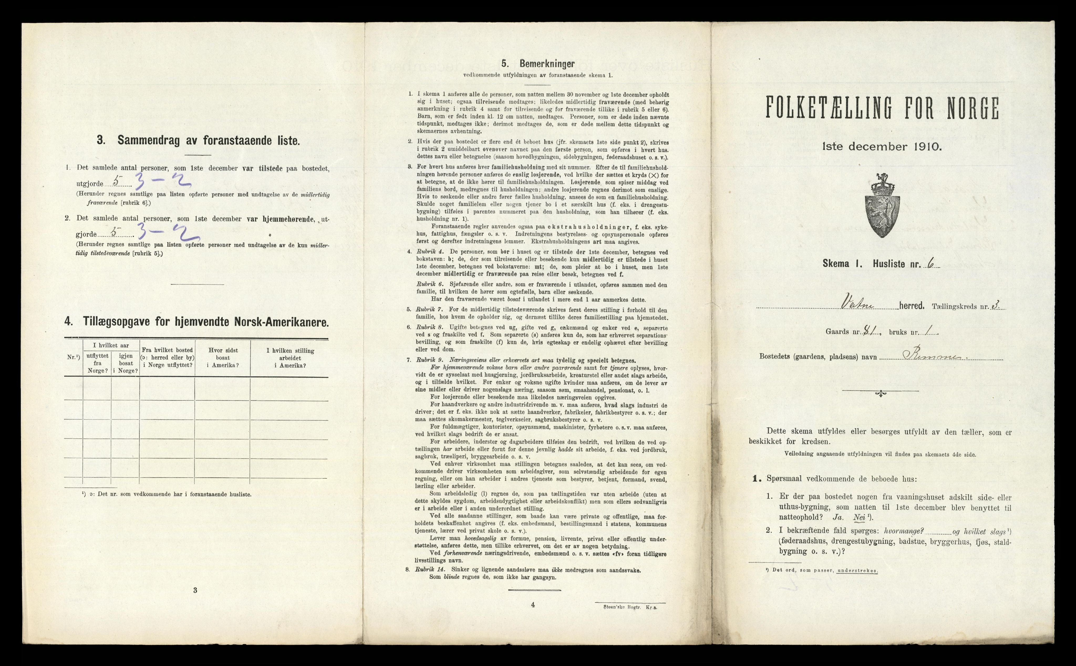 RA, 1910 census for Vatne, 1910, p. 175