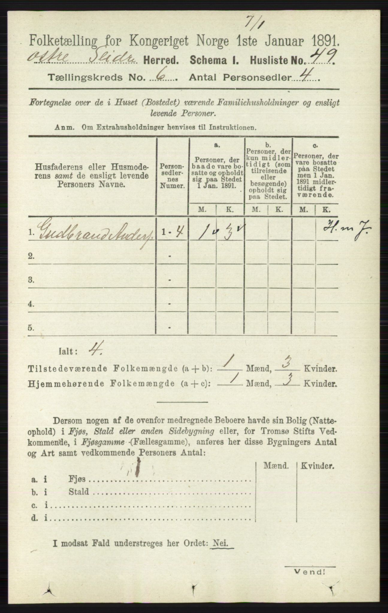 RA, 1891 census for 0544 Øystre Slidre, 1891, p. 1789