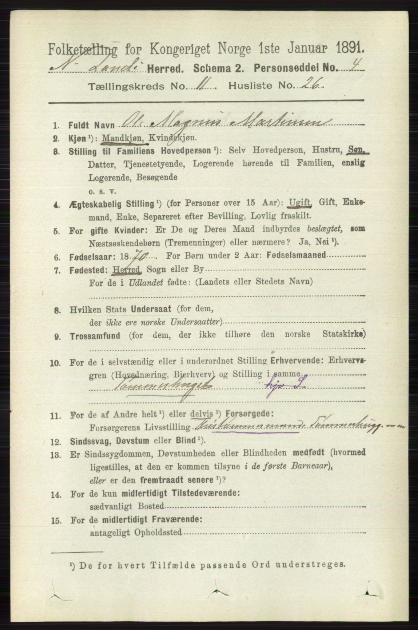 RA, 1891 census for 0538 Nordre Land, 1891, p. 3169